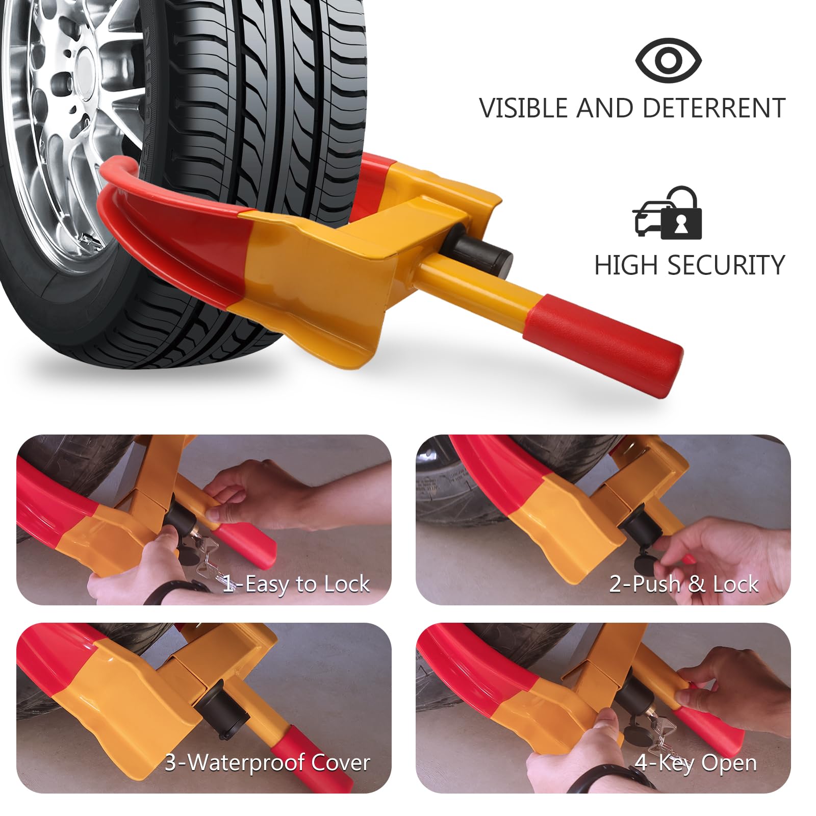MaySpare Universal Wheel Lock, Heavy Duty Tire Lock, Automotive Anti-Theft Lock for Cars, SUVs, Motorcycles, Golf Carts, Bright Color for Deterrence, with 3 Locks (Yellow-Red), LOCK-5-RED