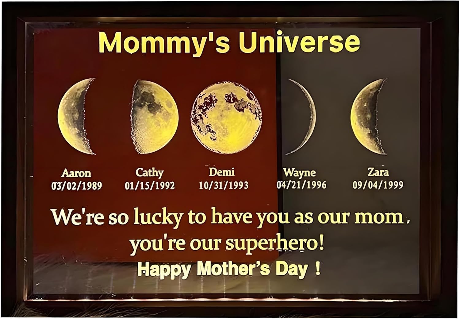 Custom Moms Sky Moons Lighted Moon Picture with Kids Names and Birthdate, Personalized Birth Moon Phase Frame Mother's Universe Led Light Frame