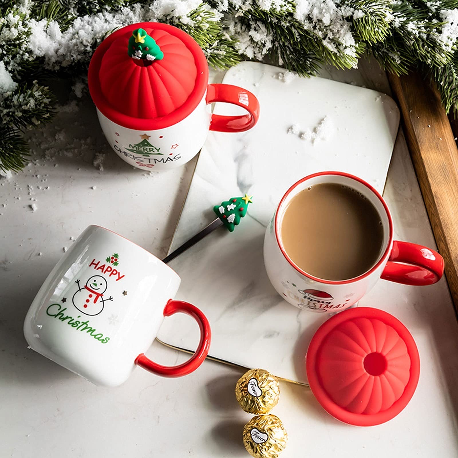 MRKU Tazze da caffè Tazza da tè, Tazza da Latte Tazza da caffè a Tema Natalizio Tazza da caffè in Ceramica da 16,9 Once con Coperchio Rosso e Cucchiaio per Natale Compleanno Inverno o Uso Quotidiano,