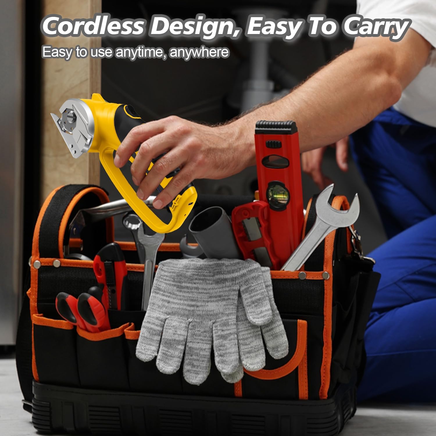 Cordless Electric Scissors, 4V Rechargeable Box Cutter & Cardboard Cutter with Titanium Blade, LED Light, Safety Lock - Rotary Cutter for Fabric, Leather, Carpet, Plastic, Crafting, Sewing(Yellow)