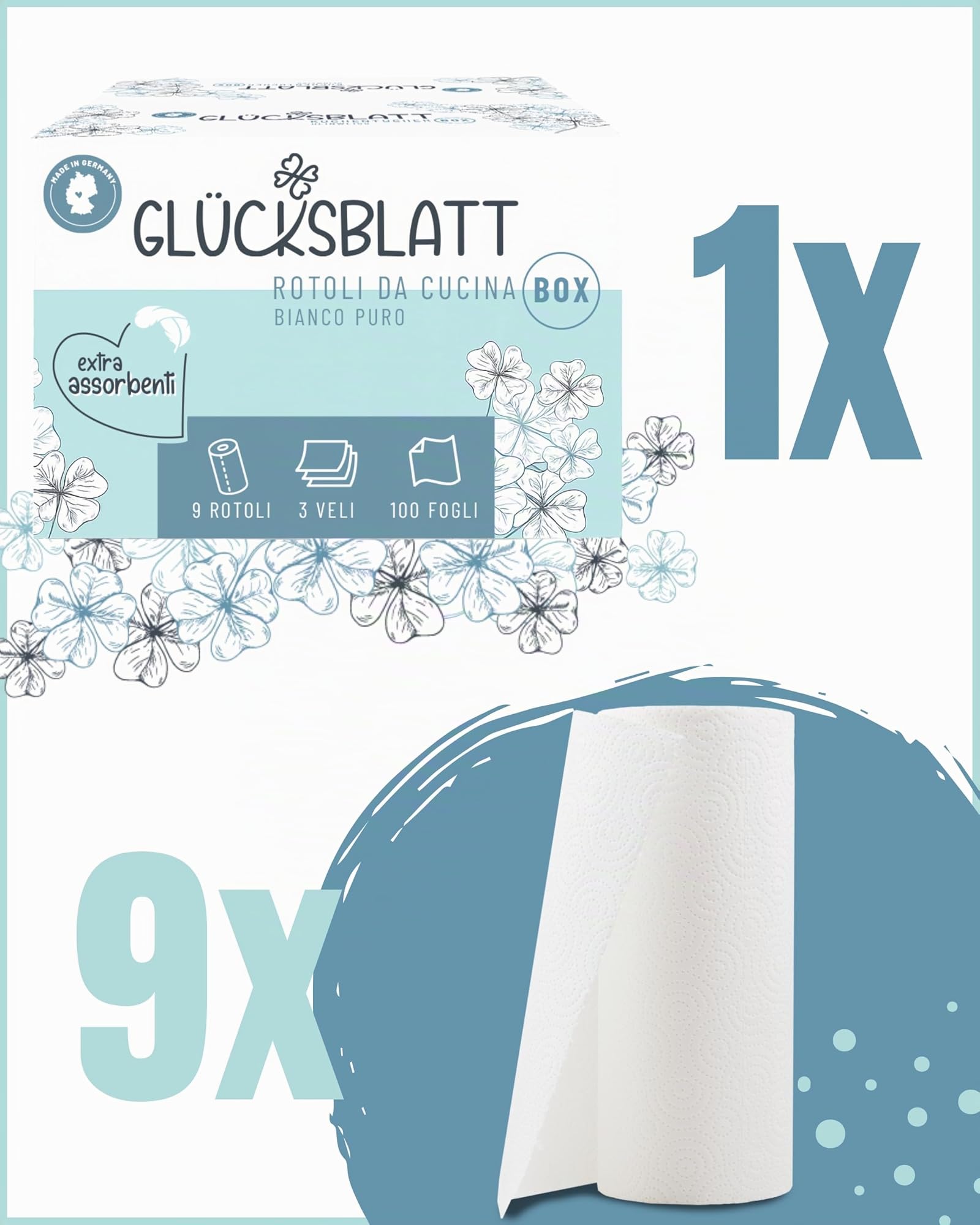 Glücksblatt Asciugamani da Cucina, 9 Rotoli da 100 Fogli a 3 Strati, Senza Plastica, Sostenibili, per la Casa, Carta da Cucina