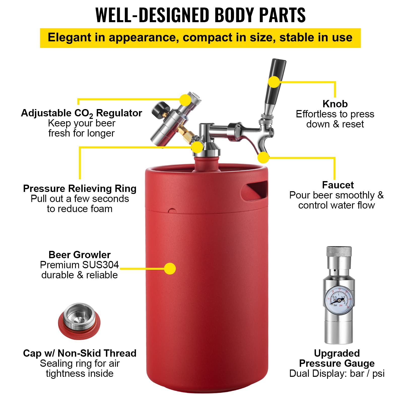 VEVOR Beer Growler Tap System, 270Oz Mini Keg, 8L Pressurized Beer