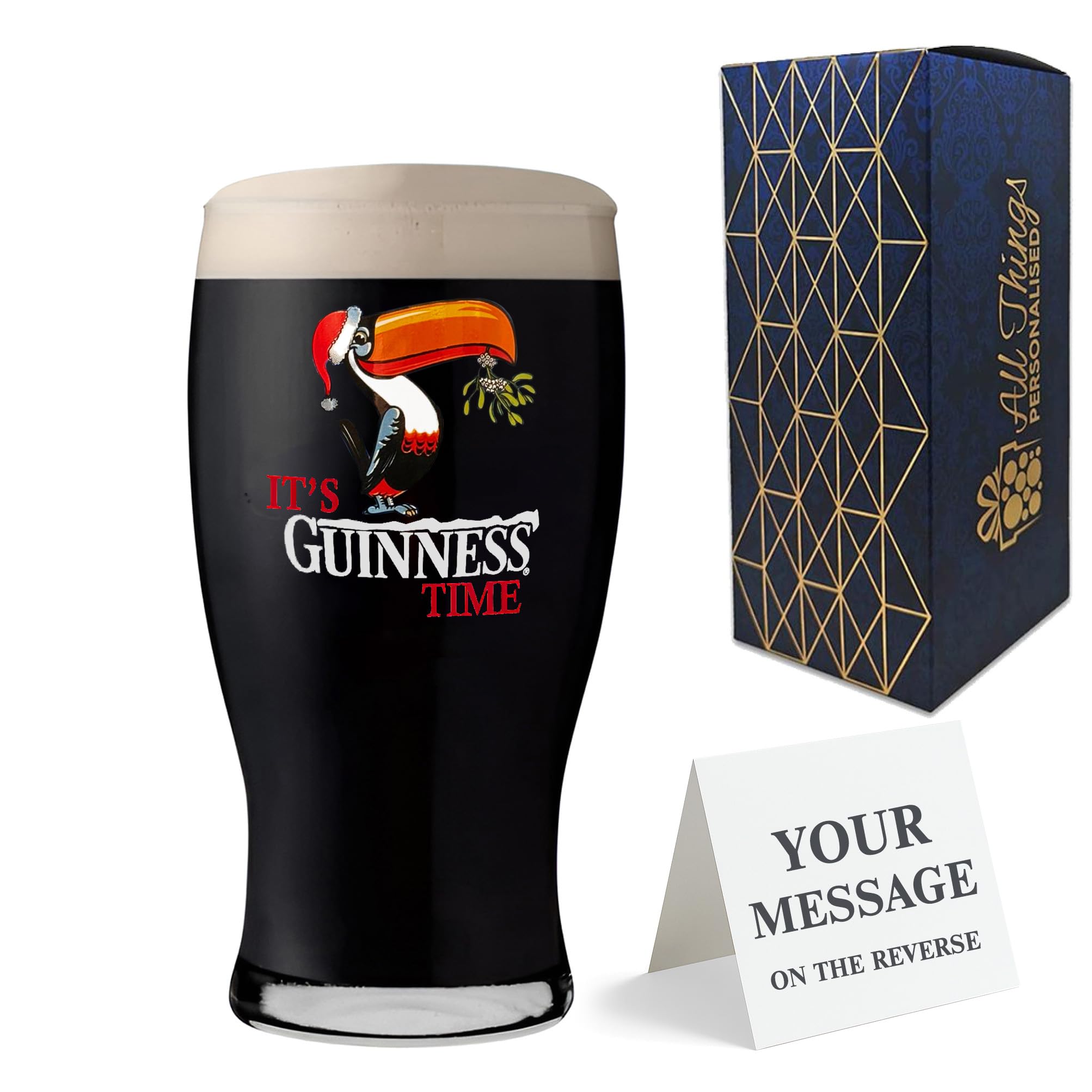 Official Christmas Toucan Guinness Pint Glass, Engraved with Any Message, Personalise for Any Occasion, Gift Boxed, Holds Up to 20oz/570ml
