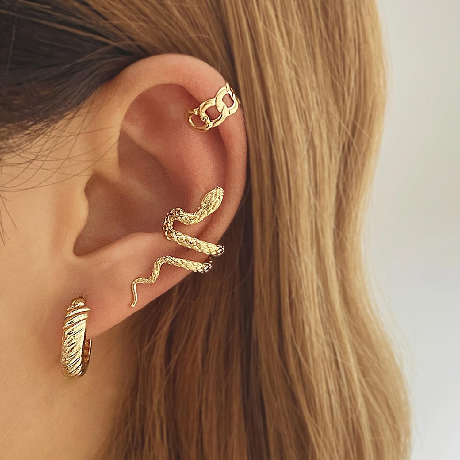 Gold Punk Snake Cuff Wraps Crawler Climber Studs Earrings for Women Dainty Cartilage Piercing Statement Jewelry
