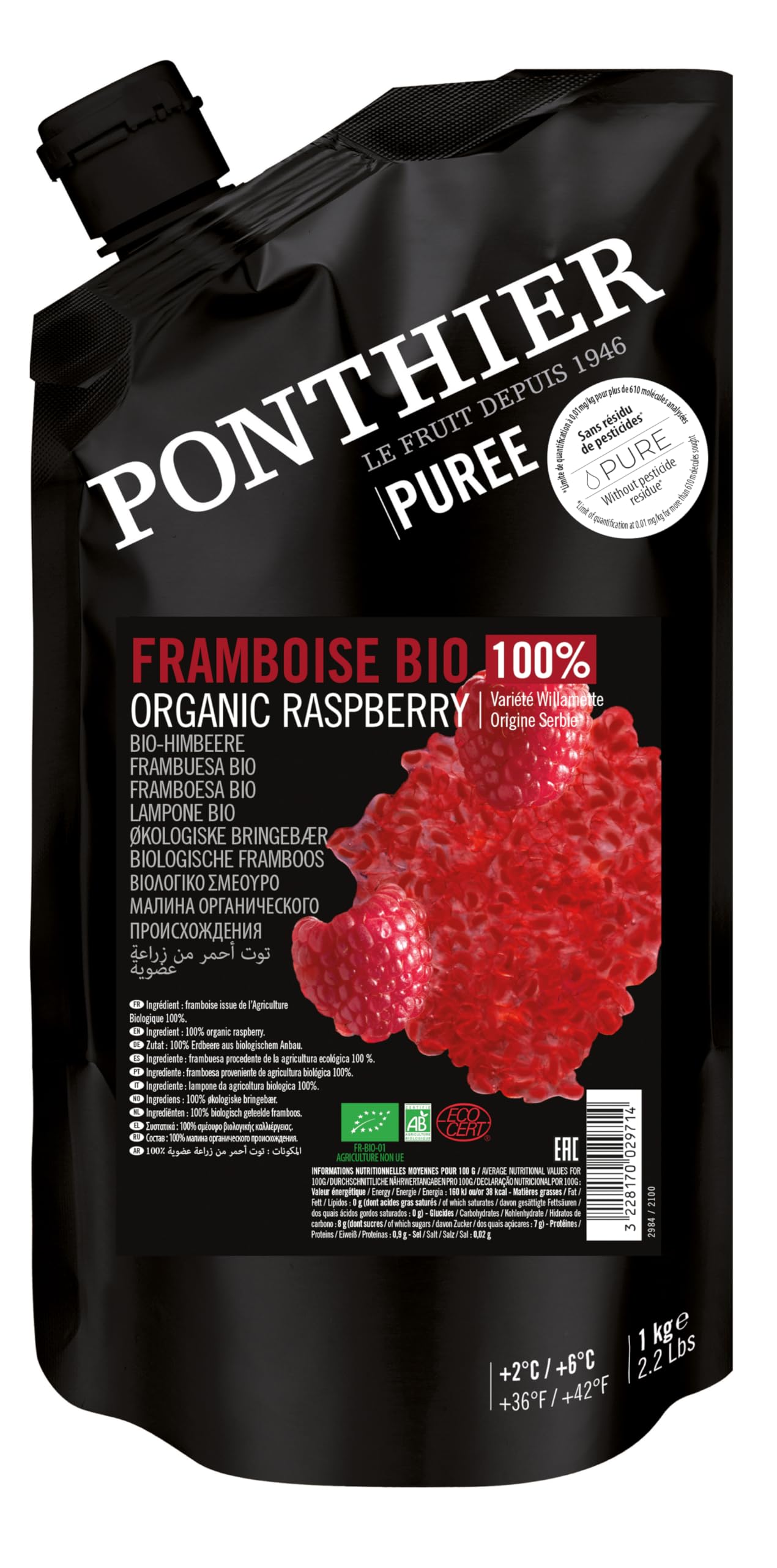 Hymor Ponthier Purée de fruits de framboise bio – 1 kg – Purée de baies 100 % non traitées Willamette pour bols à la framboise, smoothies, glaces, desserts, porridge, cupcakes framboises