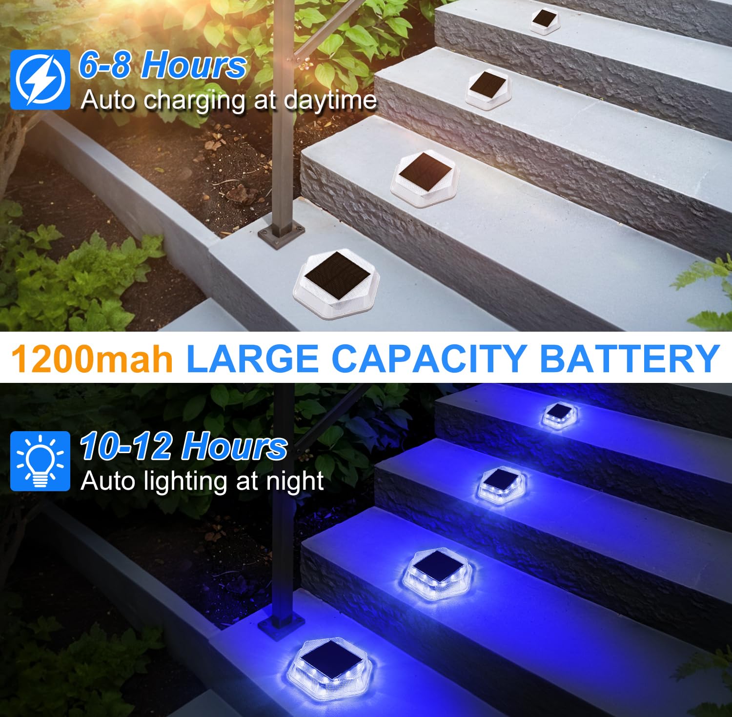 Lot de 4 lampes solaires pour terrasse, escaliers, étanches, 1200 mAh, allumage automatique (bleu)