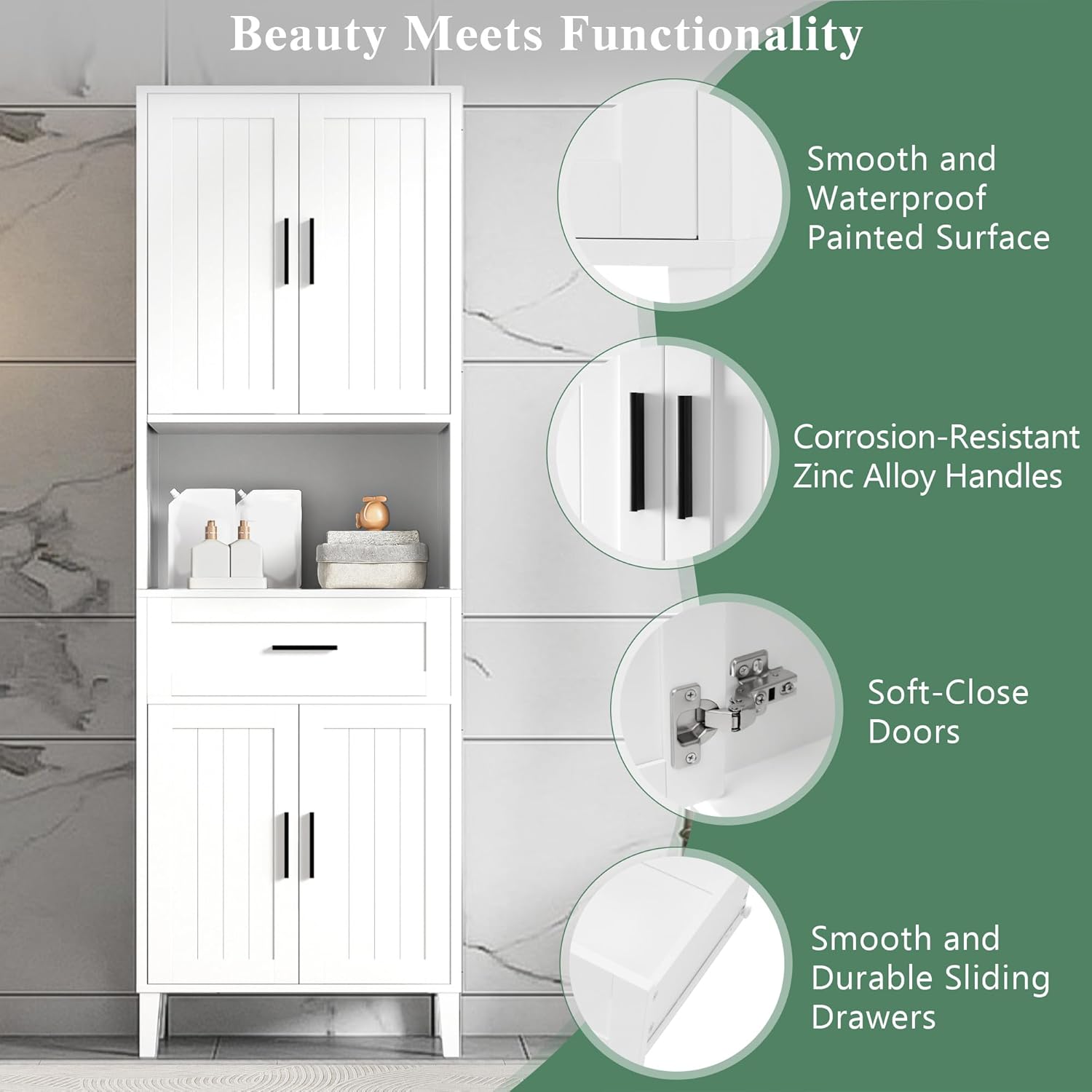 Close-up images highlighting the smooth and waterproof painted surface, corrosion-resistant zinc alloy handles, soft-close doors, and smooth sliding drawers.