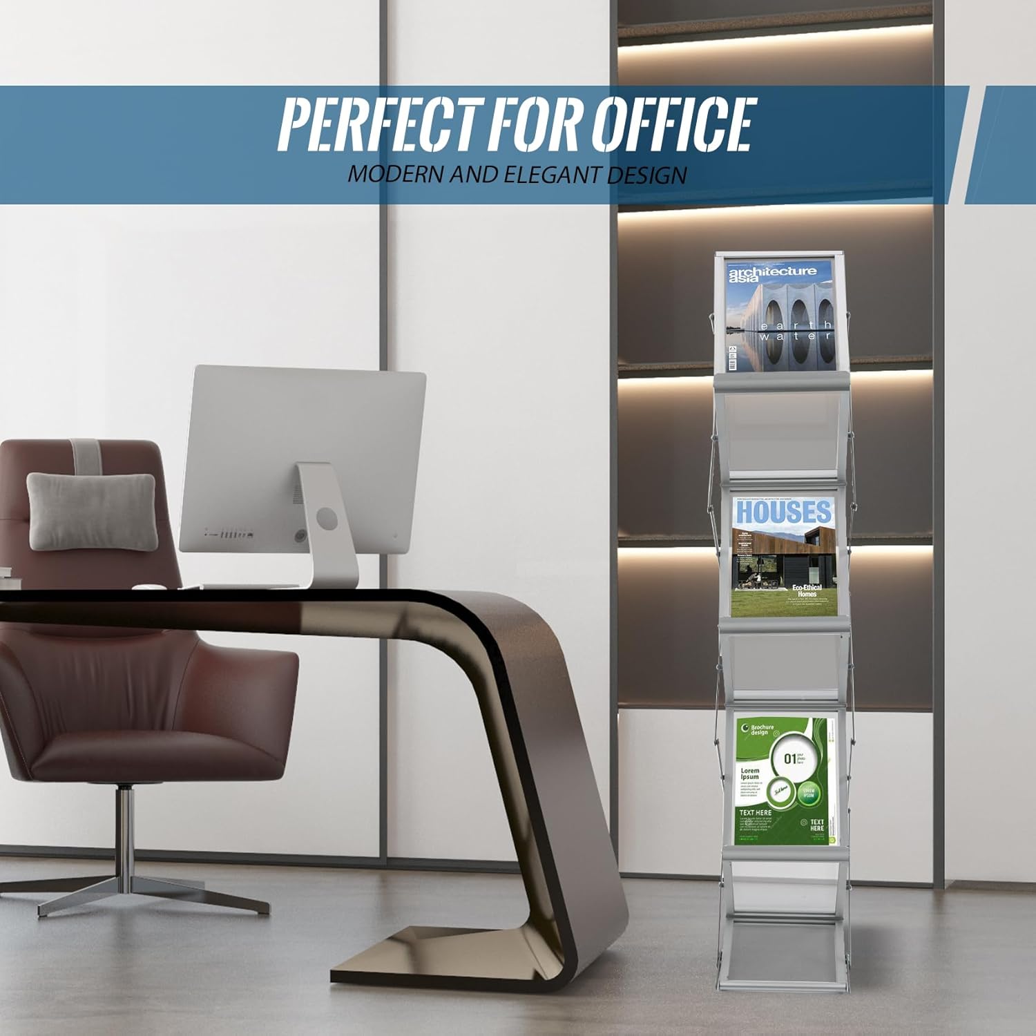 6 Pockets Aluminum Foldable Magazine Rack Floor, Brochure Holder, Brochure Magazine Display Stand, Literature Rack with Carrying Bag for Exhibition, Trade Shows, Office, Retail Store