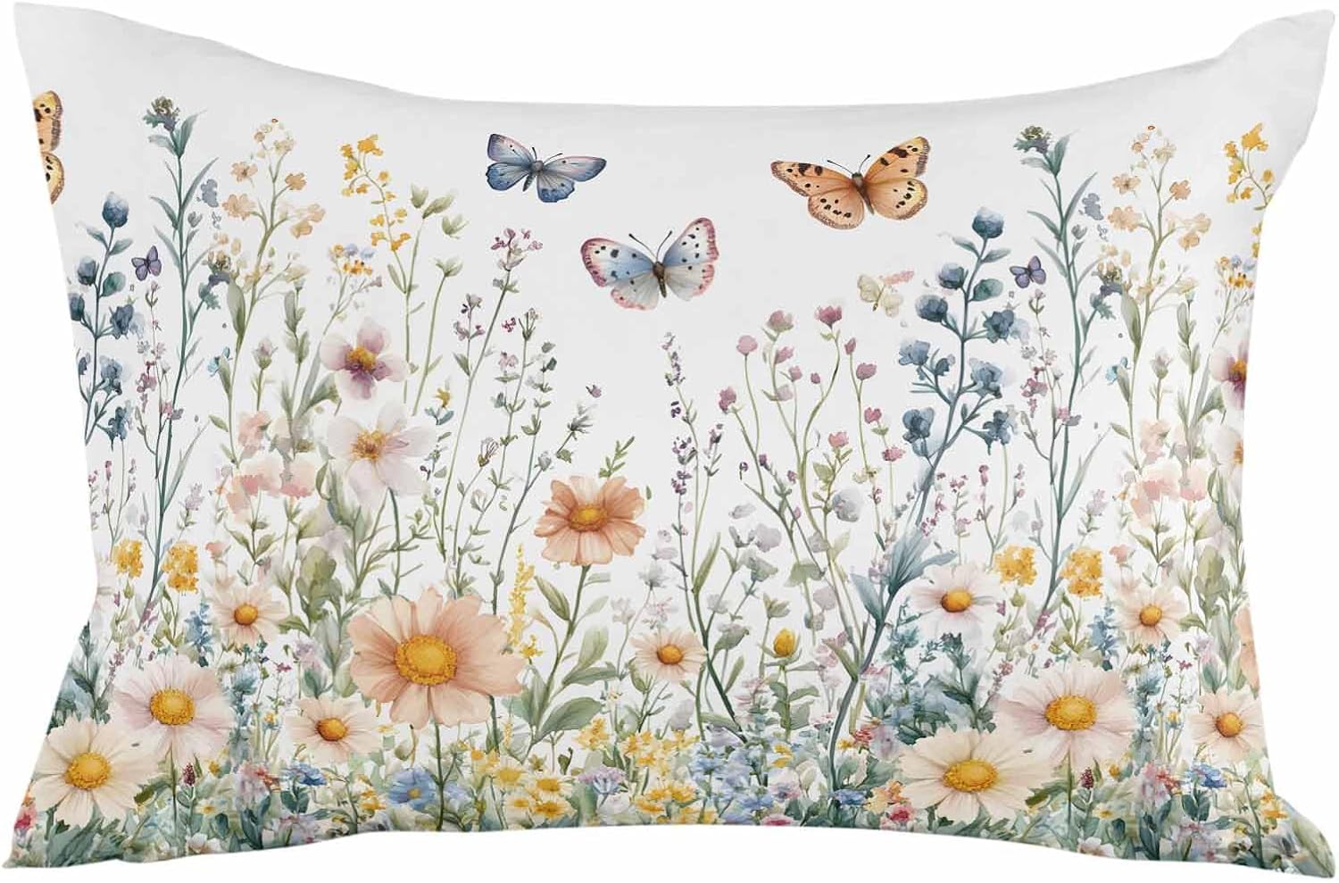 Outdoor Waterproof Pillow Covers Watercolor Daisy Floral Butterfly Decorative Throw Pillow Protectors, Wildflower Farm Pastoral Pillowcase Cushion Cases for Patio Sofa Garden Couch,20x12IN,Pack of 2