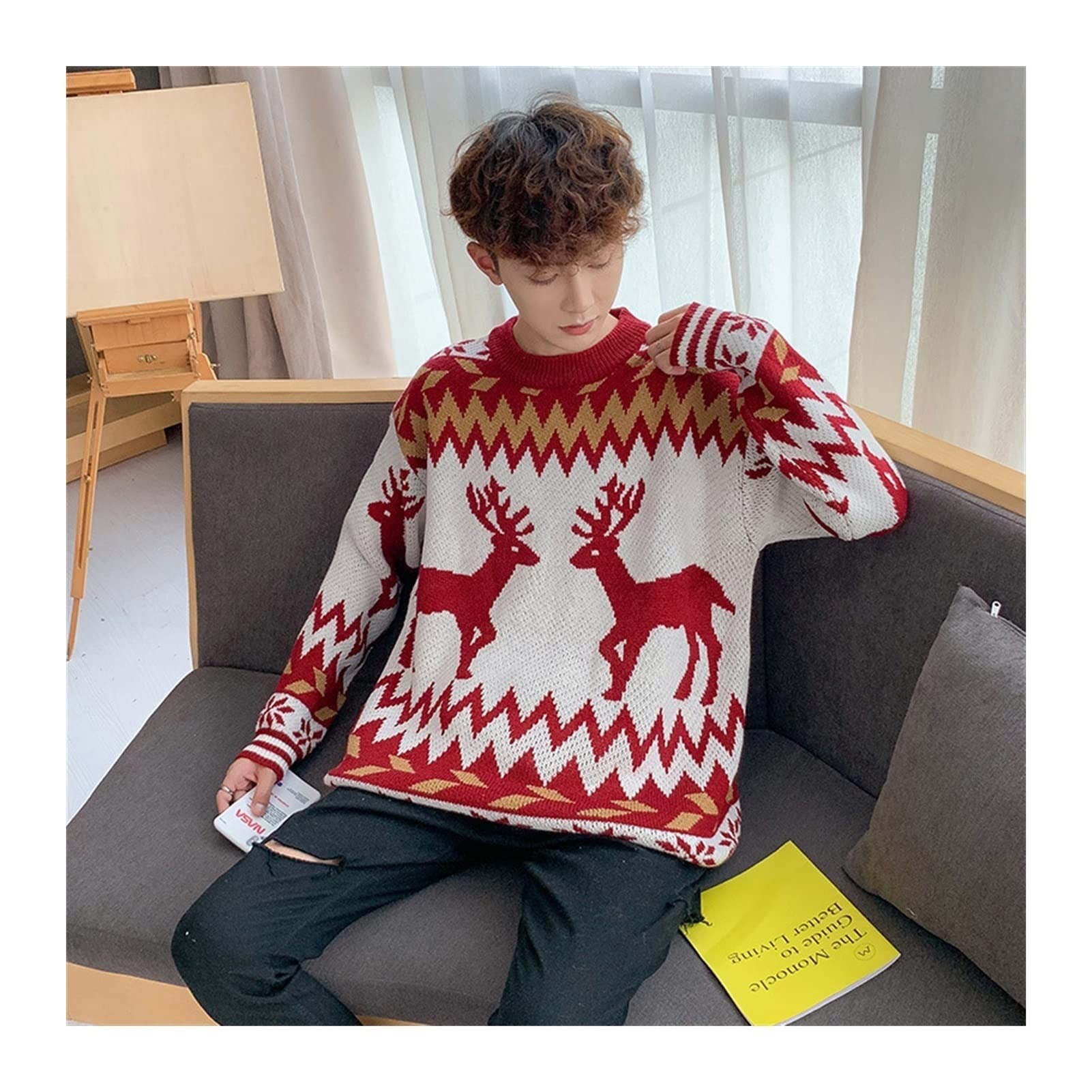 Sweter wakacyjny wąski sweter miękki dzianinowy świąteczny sweter męski jesienny sweter z golfem przestronny nadruk patchworkowe swetry ciepły dzianinowy ponadwymiarowy brzydki sweter unisex dżentelmen sweter na zewnątrz