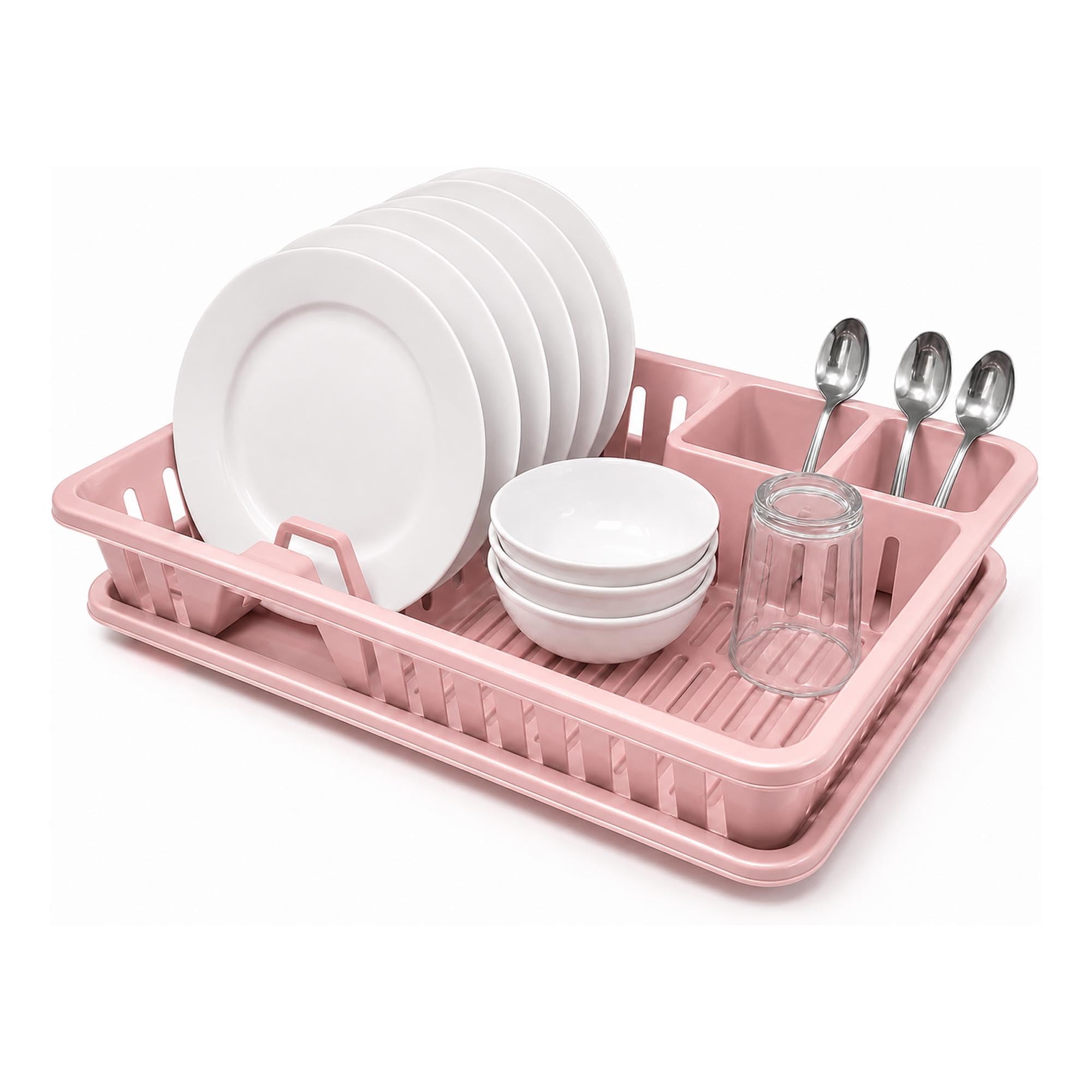 Plastific Pink Dish Drainer Rack With Drip Tray & Cutlery Holder For Plates & Cups