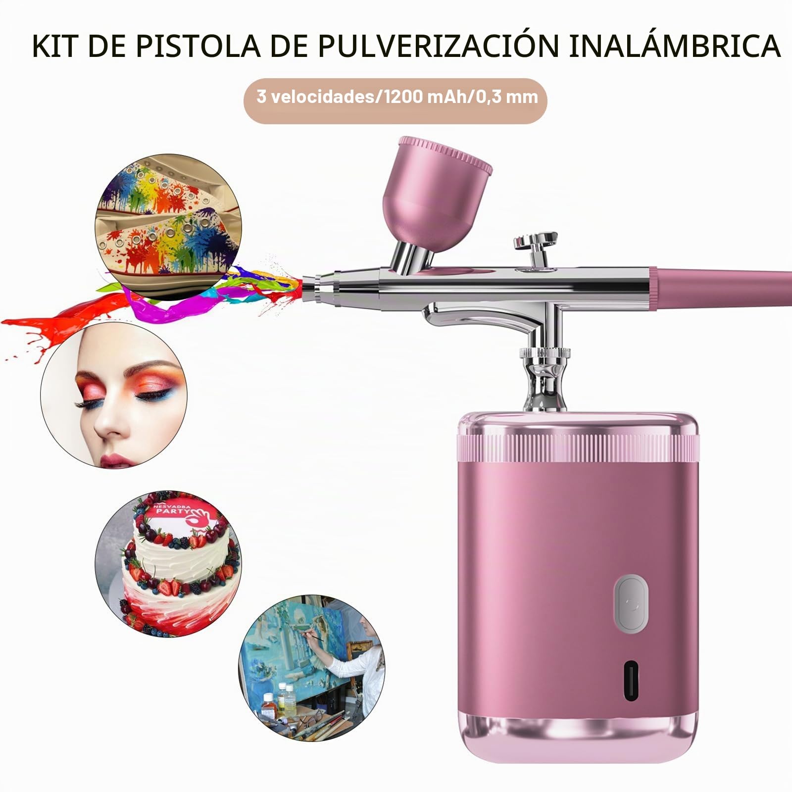 Kit de Aerógrafo Sin Cable Rosa - Pistola de Pintura Portátil，Aerógrafo eléctrico Recargable con Boquilla 0,3/0,5mm, 3 presiones Ajustables para Nail Art, modelismo, decoración Pasteles