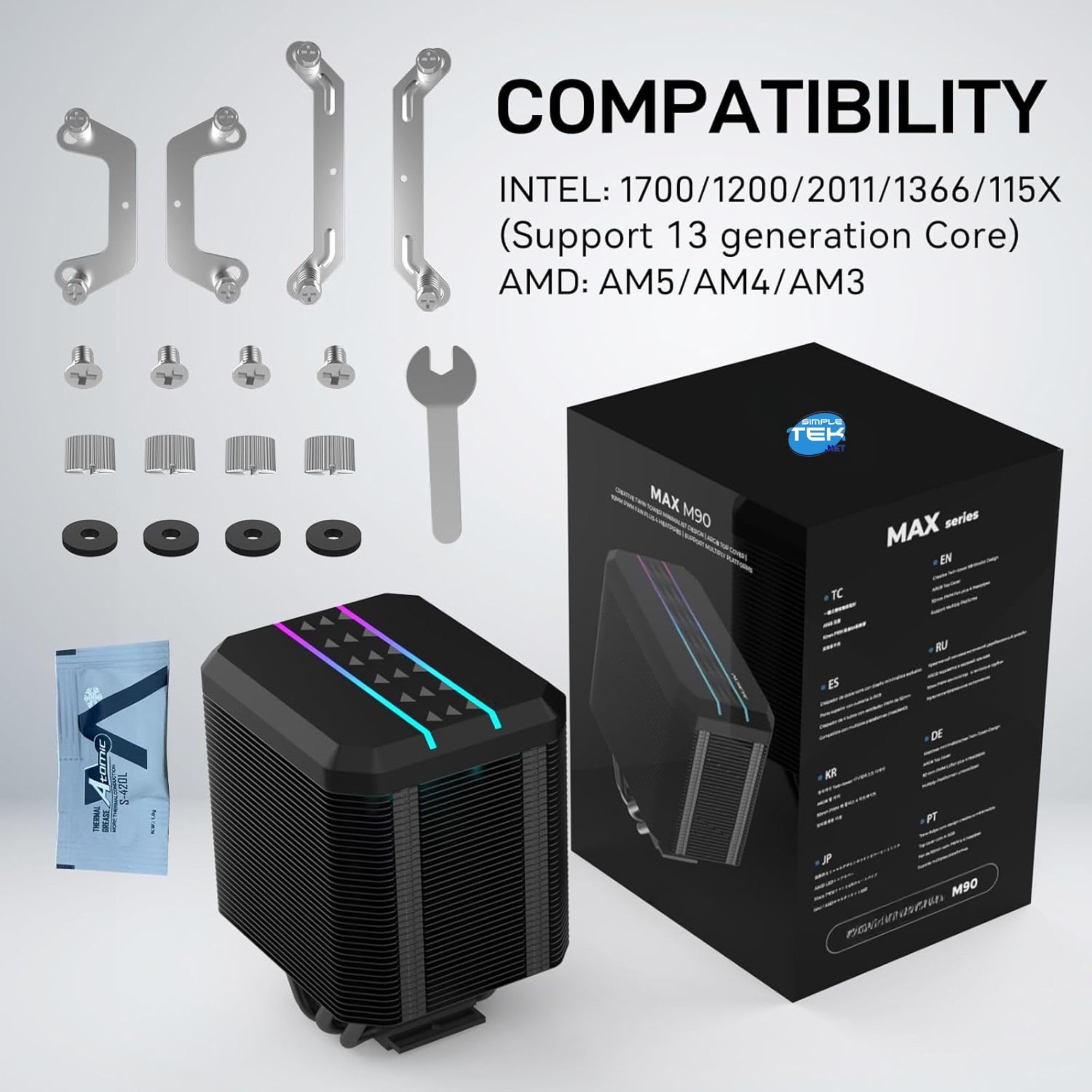 SIMPLETEK - Disipador CPU ARGB 92mm | 12V, 180W TDP | Compatible con 1851 1700 1200 1156 1155 1150 1151 1366 2011 AM3 AM4 AM5 | Negro