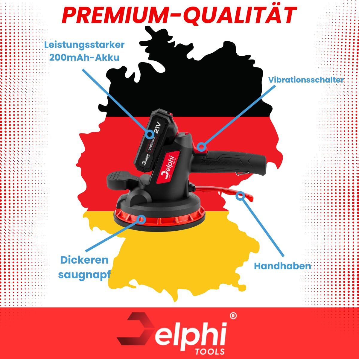 Delphi Macchina per piastrellista, 250 kg, assorbimento, 6 livelli di velocità, vibratore manuale per piastrelle, 2000 mAh, batteria 18 cm, ventose