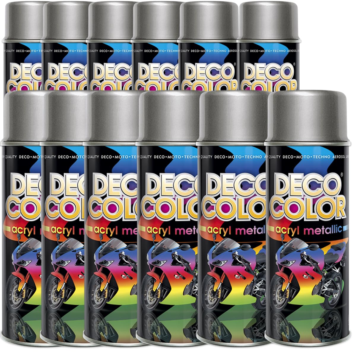 Deco Color 12er Sparpack Lackspray SILBER 400ml - Sprühlack mit Effekt für z.B. KFZ, Fahrrad (12 Dosen Lackspray Silber mit Metallic-Effekt)
