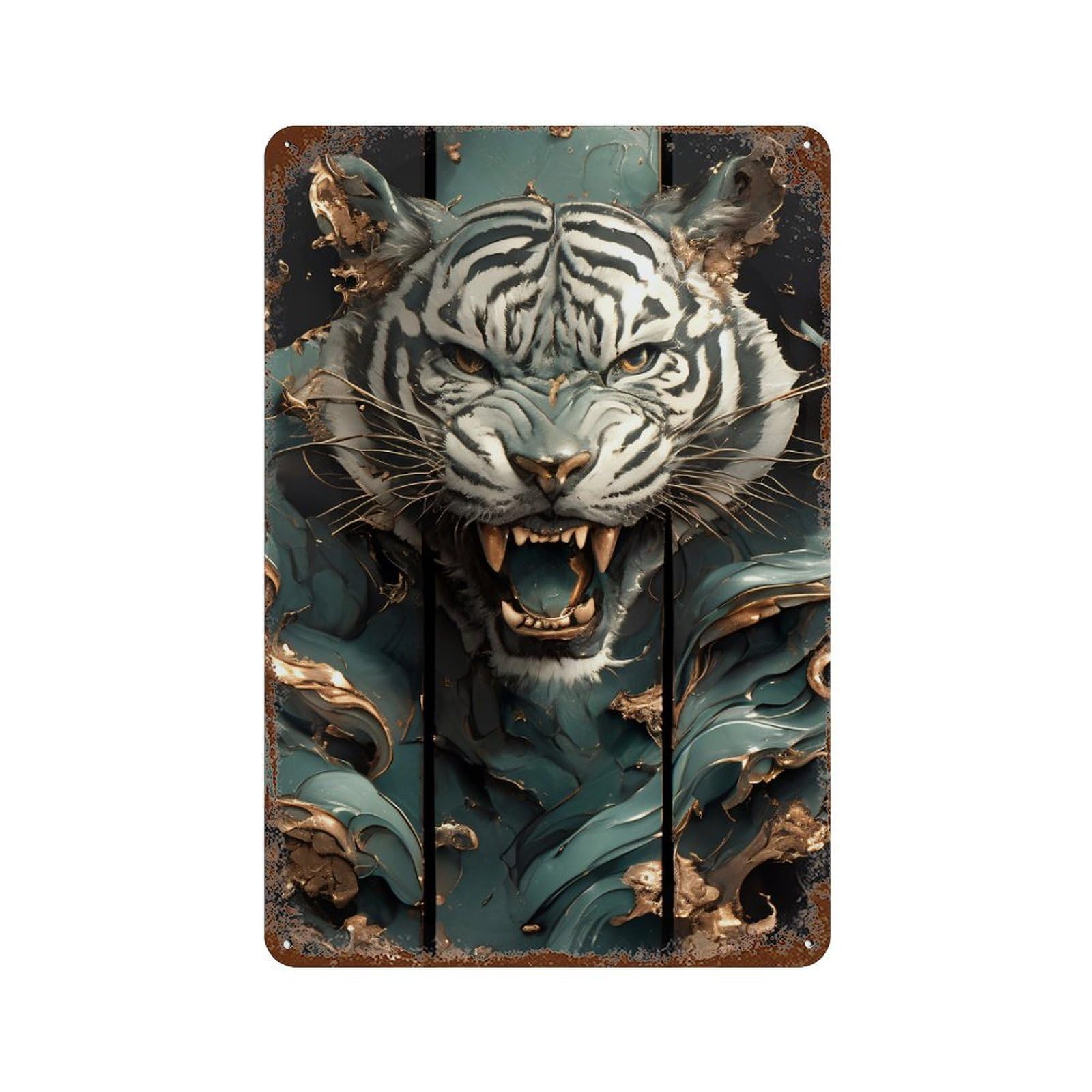 Roaring Tiger Teal And Gold Art Aged Metal Wall Plaque 11.8"x7.9", for Office, Studio And Wall Decor, Novelty Wall Decor