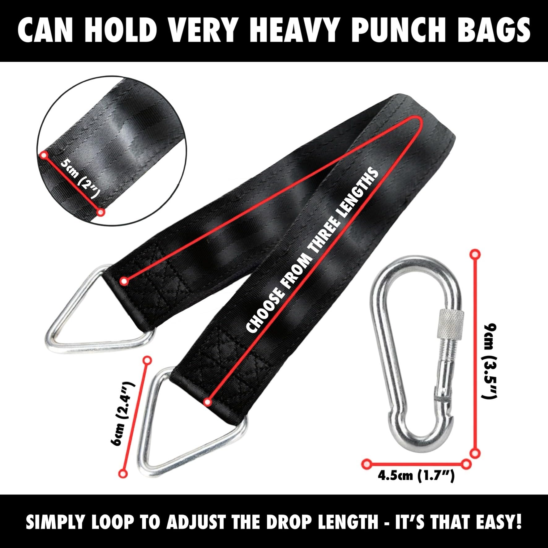 BULL DOZA FIGHT WEAR Heavy Duty Punch Bag Hanging Strap – Three Sizes | Extremely Strong Boxing Bag Hanger | Durable, Adjustable Punching Bag Holder for Home Gym & Training