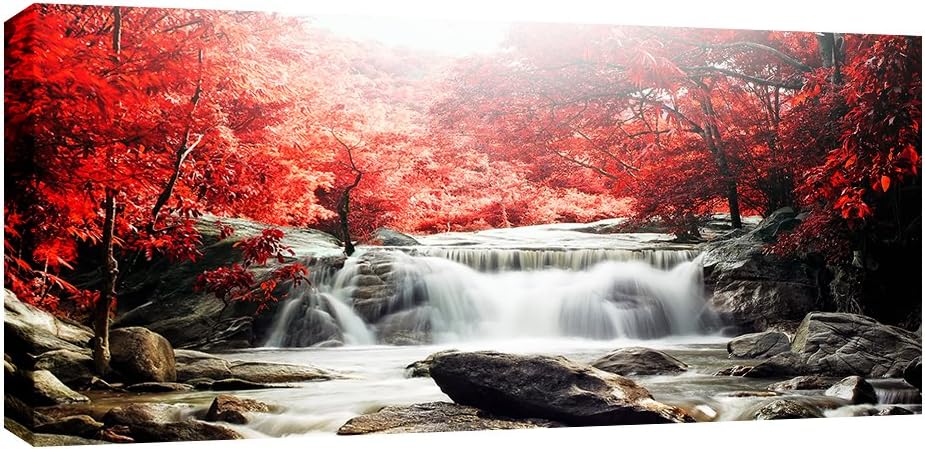 WALL ART INTERIORS Large Red Forest Waterfall Landscape Box Canvas 107cm x 52cm ready to hang