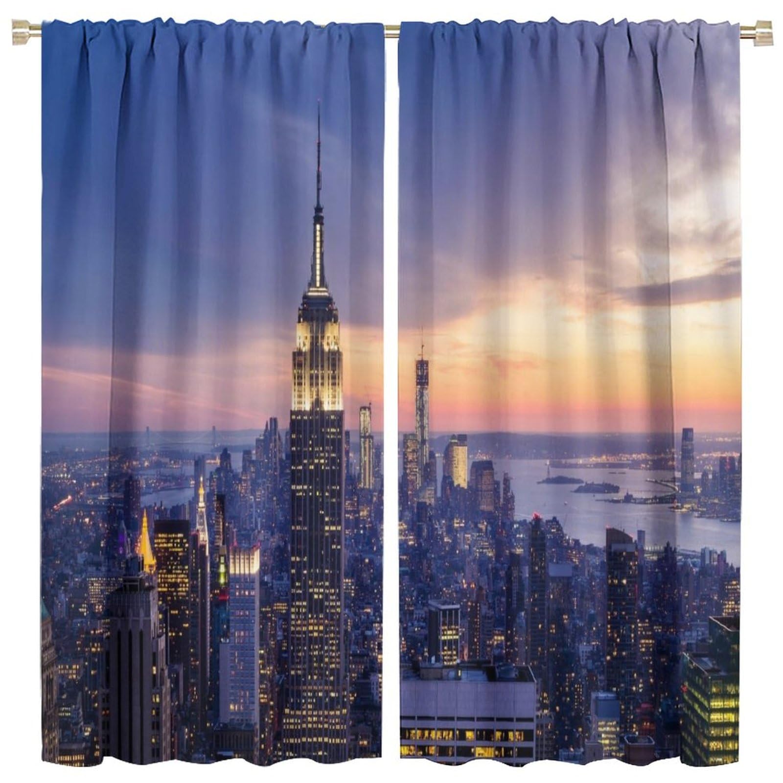 Modern Curtains, New York City Skyline with A Skyscrapers at The Night with Sunset American Urban Li Thermal Insulated Room Darkening Curtains for Living Room Bedroom Drapes 2 Panels 42x45 Inch