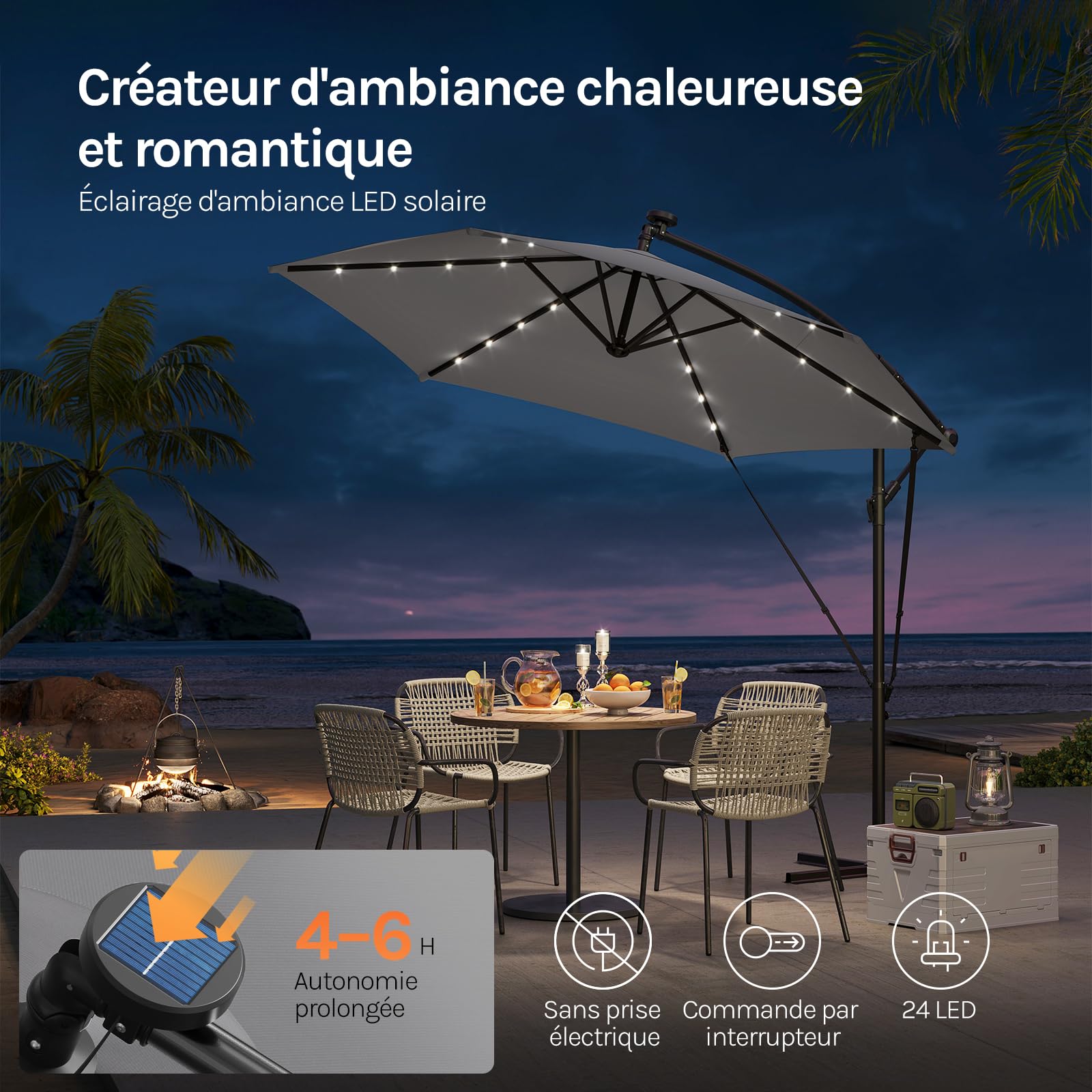 WOLTU Parasol Déporté, avec LED Solaire, Parasol de Jardin Extérieur, Hexagonal, Ф3m, Rotation à 360°, Inclinaison Réglable, UPF 50+, Mât en Métal, avec Manivelle, Housse et Cordes