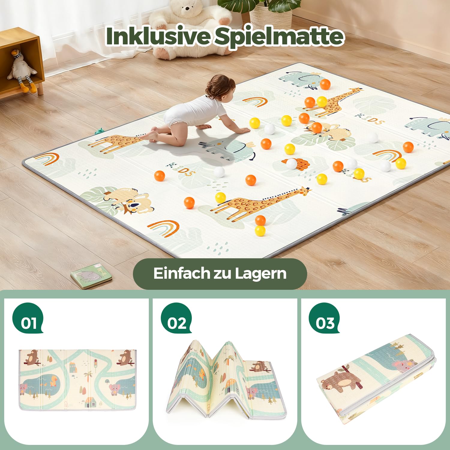 Box Bambini 180x200 con Tappeto, Recinto per Bambini con 360° Rete Traspirante, Tessuto Oxford, Laterali con Zip, Antiscivolo Robusta Centro Attività, 60 Palline, 4 Maniglie, Coccodrillo verde