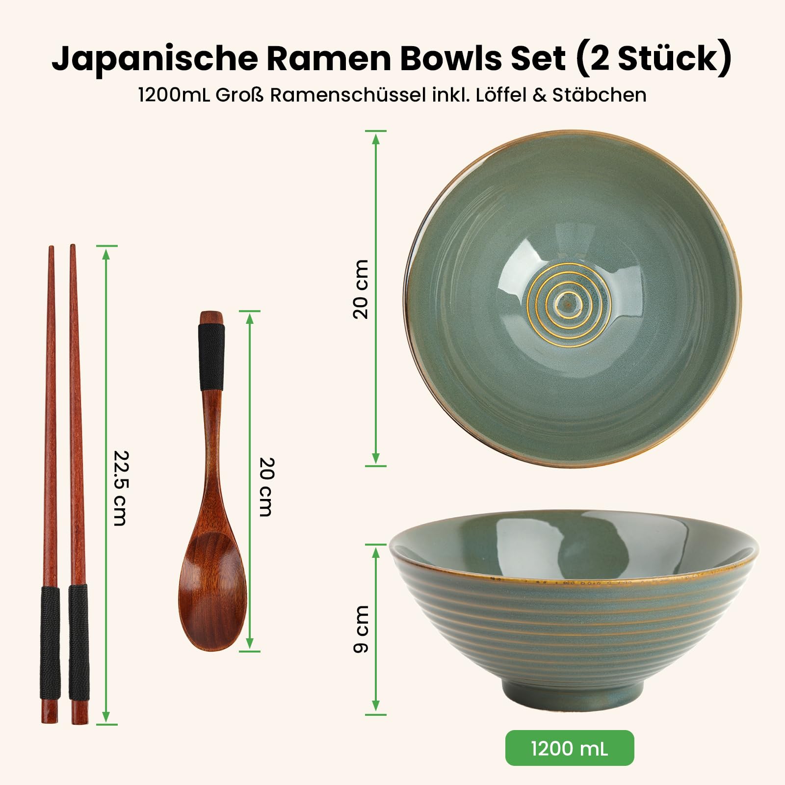 GEEKHOM Ramen Juego de 2 cuencos japoneses de cerámica con palillos y cuchara de madera de 1200 ml, grande, microondas y lavavajillas para pasta, sopa, pho, ensalada
