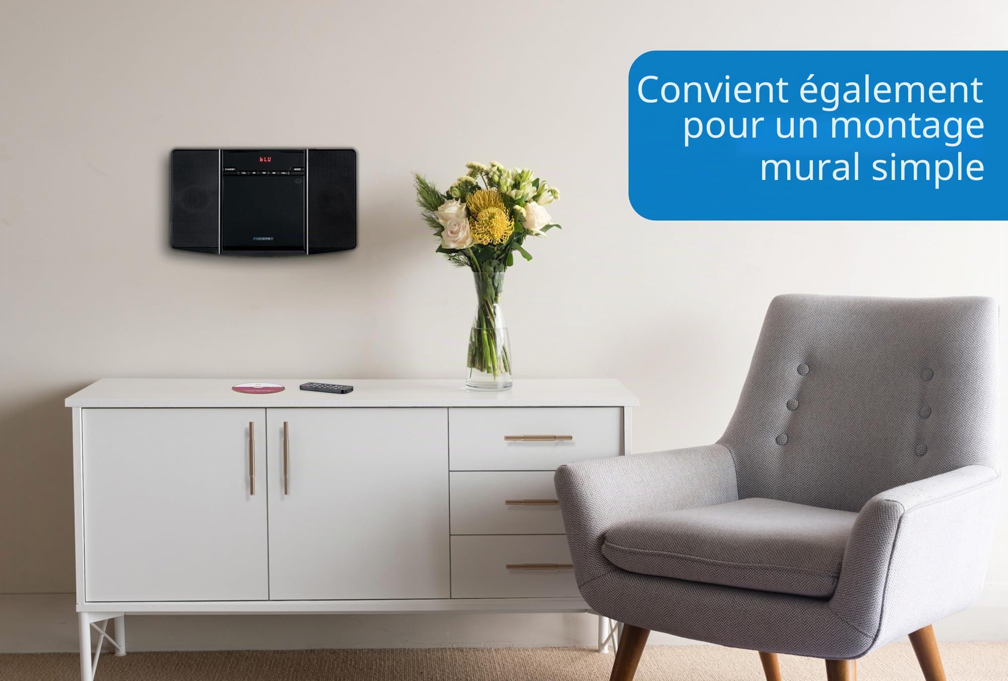 MCD-60 Système Stéréo Vertical (Lecteur CD/MP3, USB, Bluetooth, Entrée Aux, Montage sur Pied Ou Mural, Télécommande Incluse) Noir