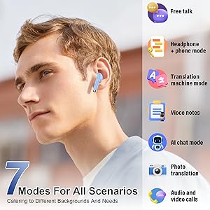 Niderson AI Translation Earbuds Real Time with Audio and Video Calls, 3-in-1 Language Translator Earbuds Support 164 Languages and 7 Translation Modes, 32H Buletooth 5.3 Headphones with Mic, Blue