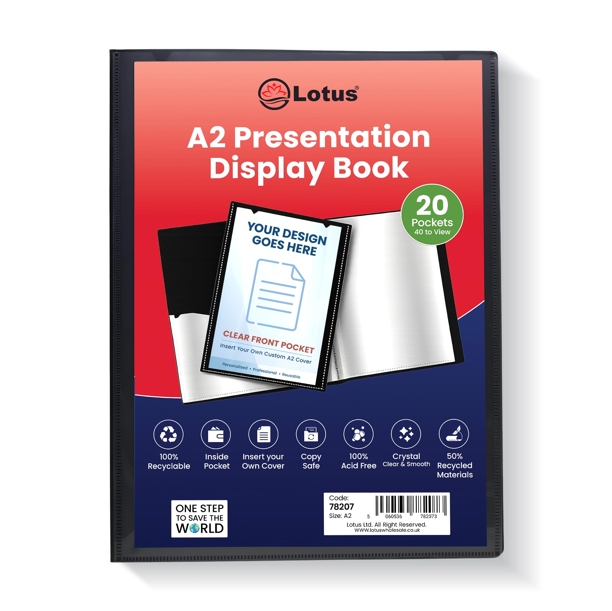 Pack of 12 A2 Display Book 20 Pockets (40 Views) - Black Presentation Folder with Clear Plastic Sleeves - Portfolio, Certificate & Project Folder for School, Office & Interviews (Lotus)