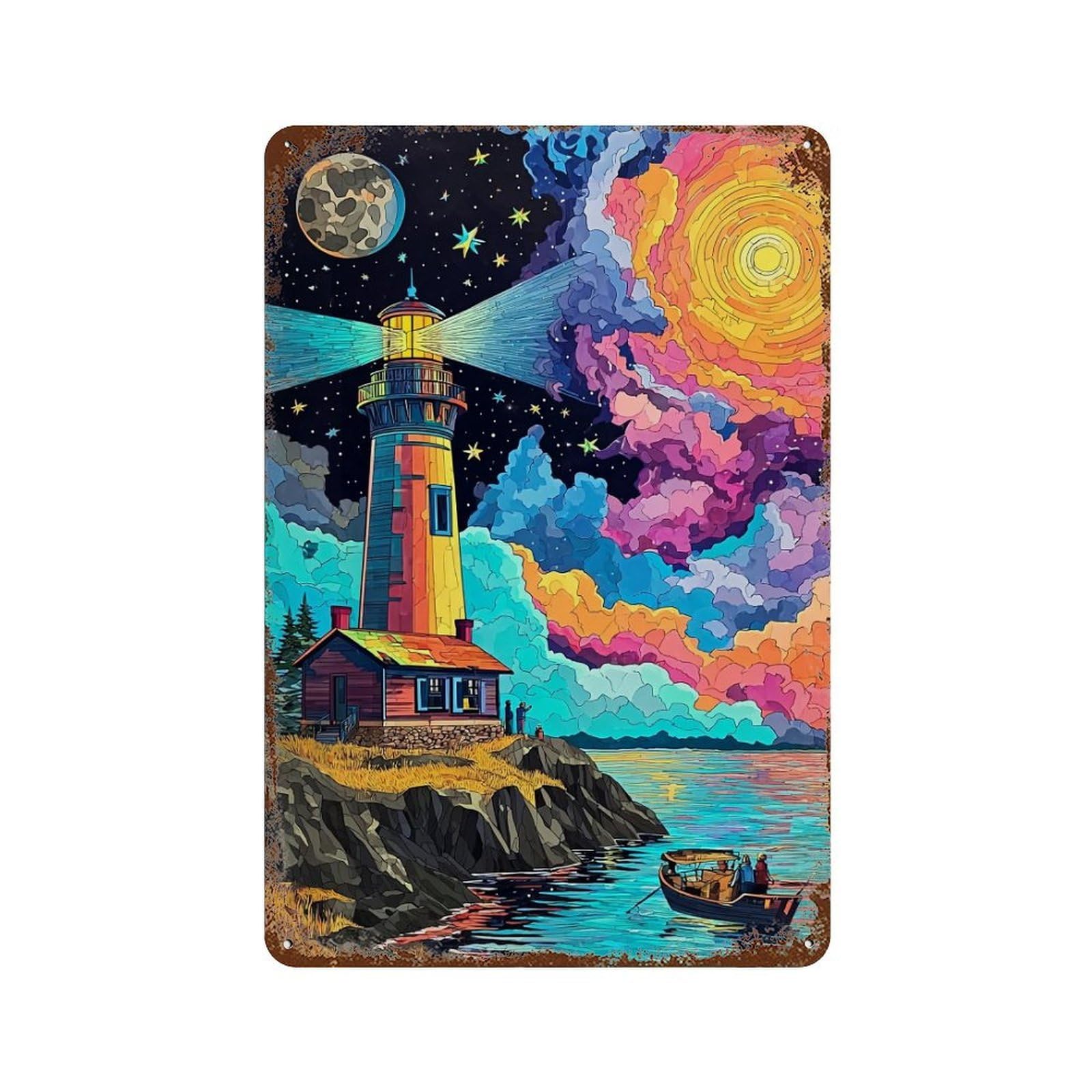 Colorful Lighthouse Sunset Scene Retro Metal Sign 11.8"x7.9", Old School Wall Decor for Garage, Pub Or Kitchen