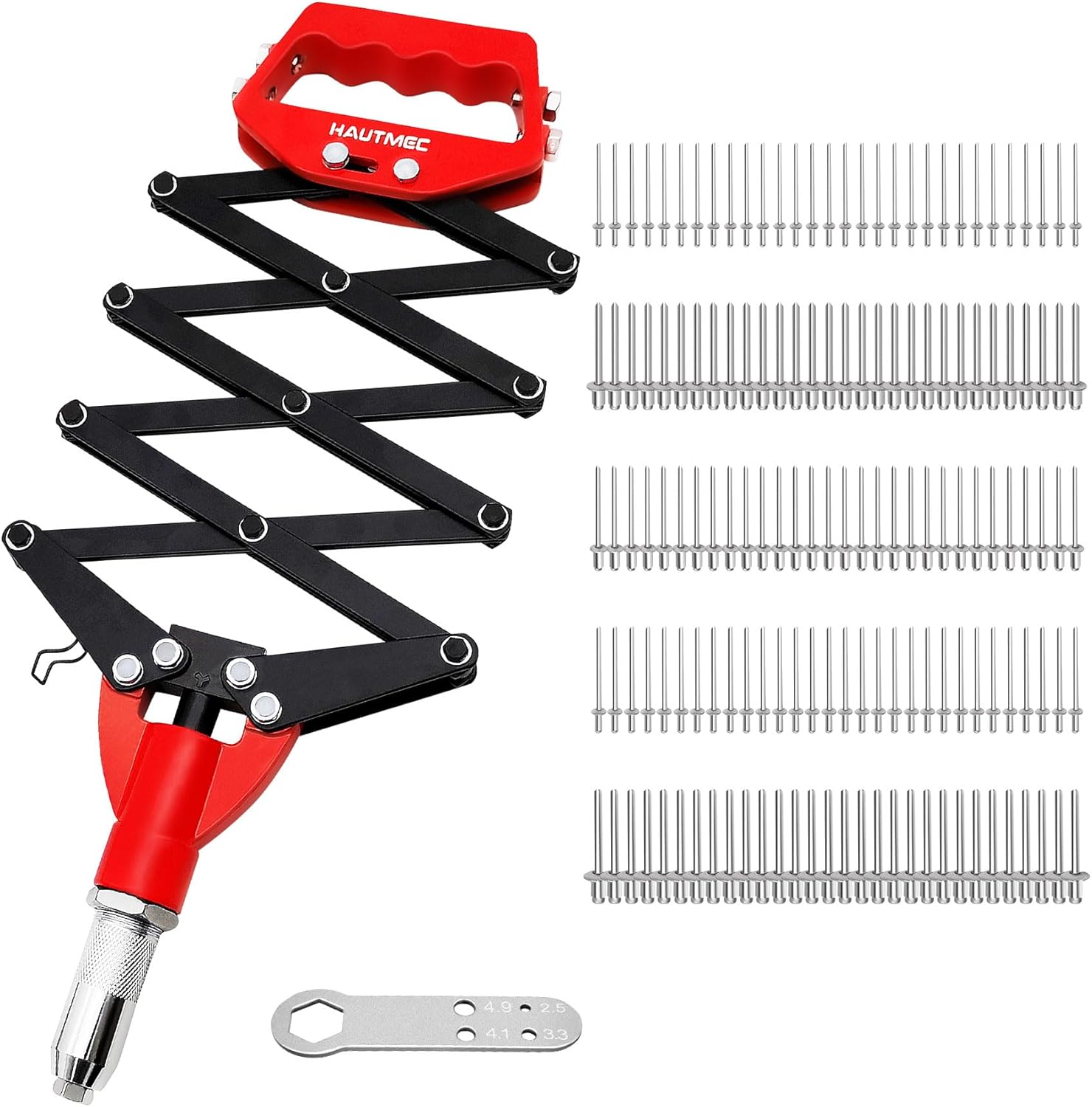 HAUTMEC 5-in-1 Pop Rivet Gun Kit Heavy-Duty Press-Type Labor Saving Rivet Tool with 150Pcs Rivets and Portable Wrench, Type Tool with 4-Fold Lever for Metal, Automotive & Construction HT0436-HR