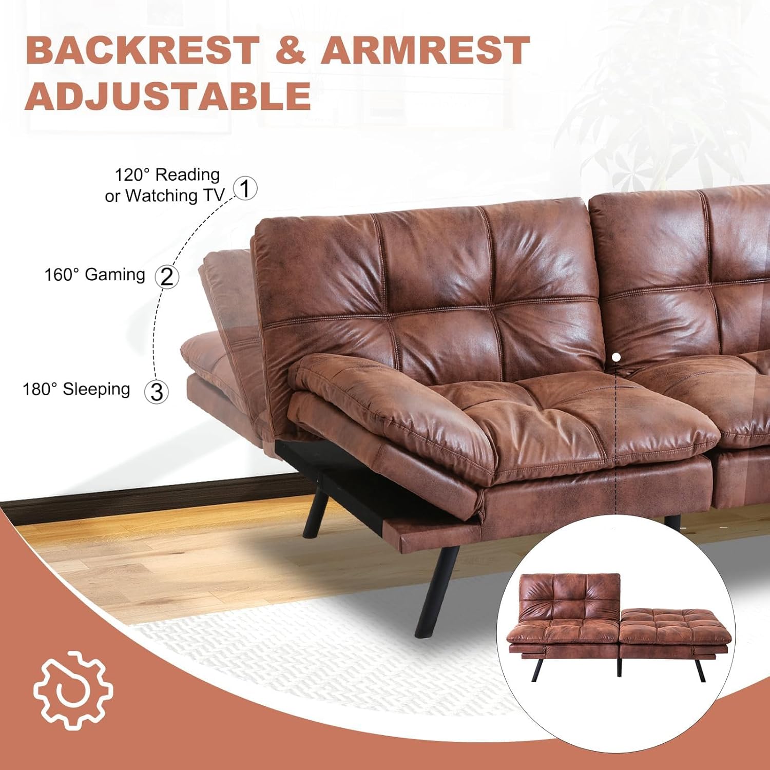 MUUEGM Futon Sofa Bed Leather Couch Convertible Memory Foam Modern Love Seat Sleeper Sofa for Small Space,Living Room,Office,Adjustable Backrests&Armrests Sofabed