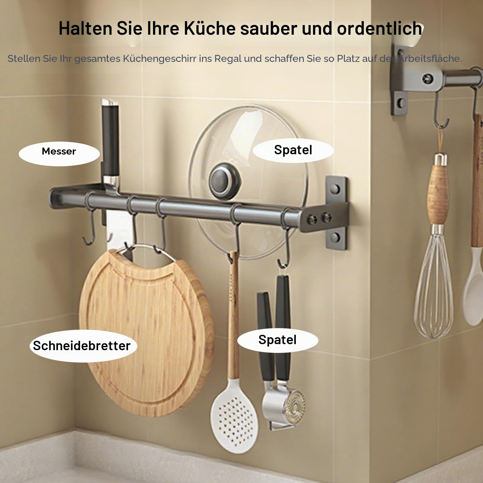 Küchenleiste mit Haken und Messerschlitz – Wandmontierter Edelstahl-Utensilienhalter, kompakte platzsparende Aufbewahrung für Messer und Küchenutensilien