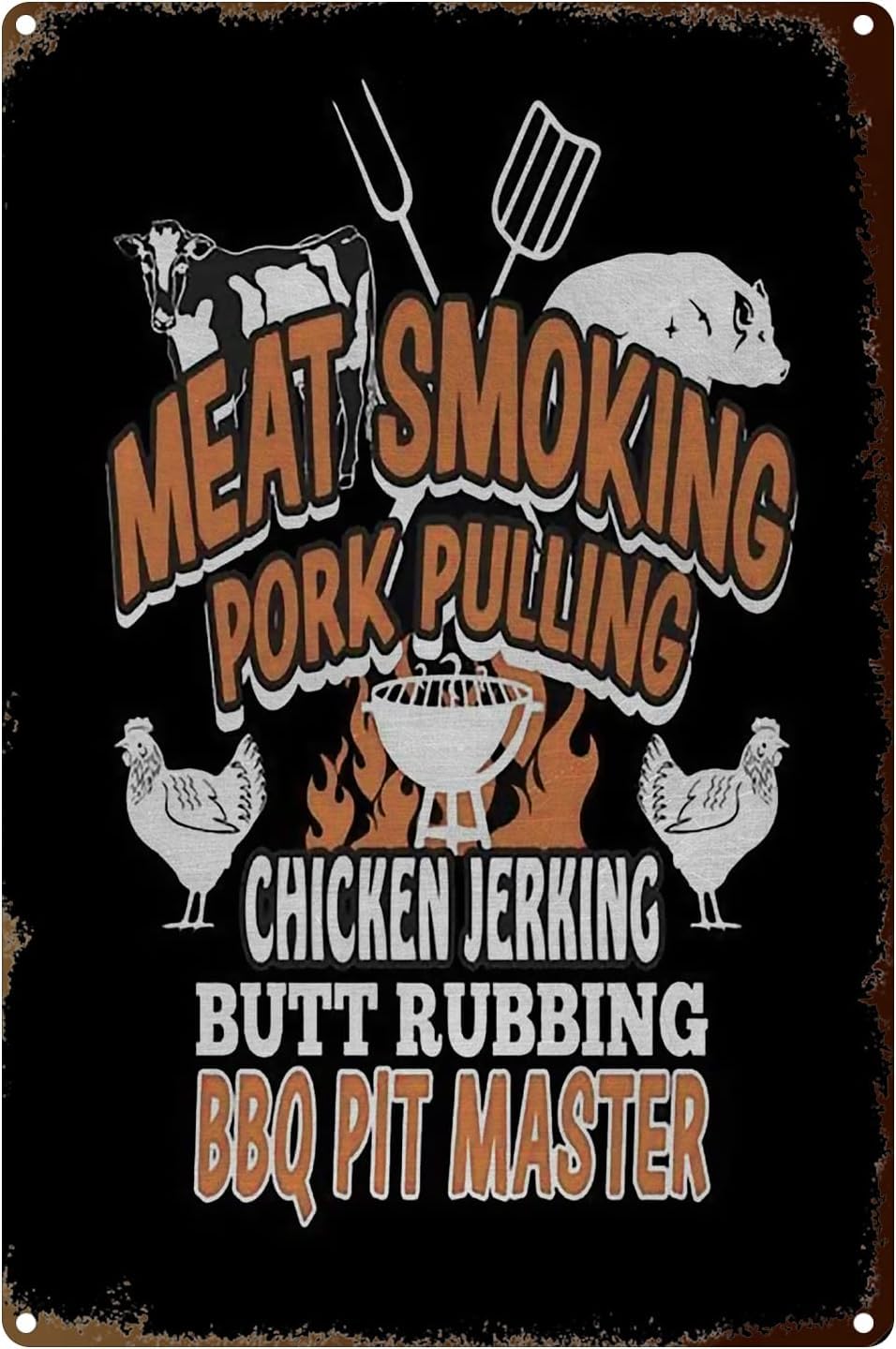 Anceky Meat Smoking Pork Pulling Chicken Butt Rubbing BBQ Novelty Sign, Vintage Metal Tin Sign Wall Sign Plaque Poster for Home Bathroom and Cafe Bar Pub, Wall Decor 12x16 inch