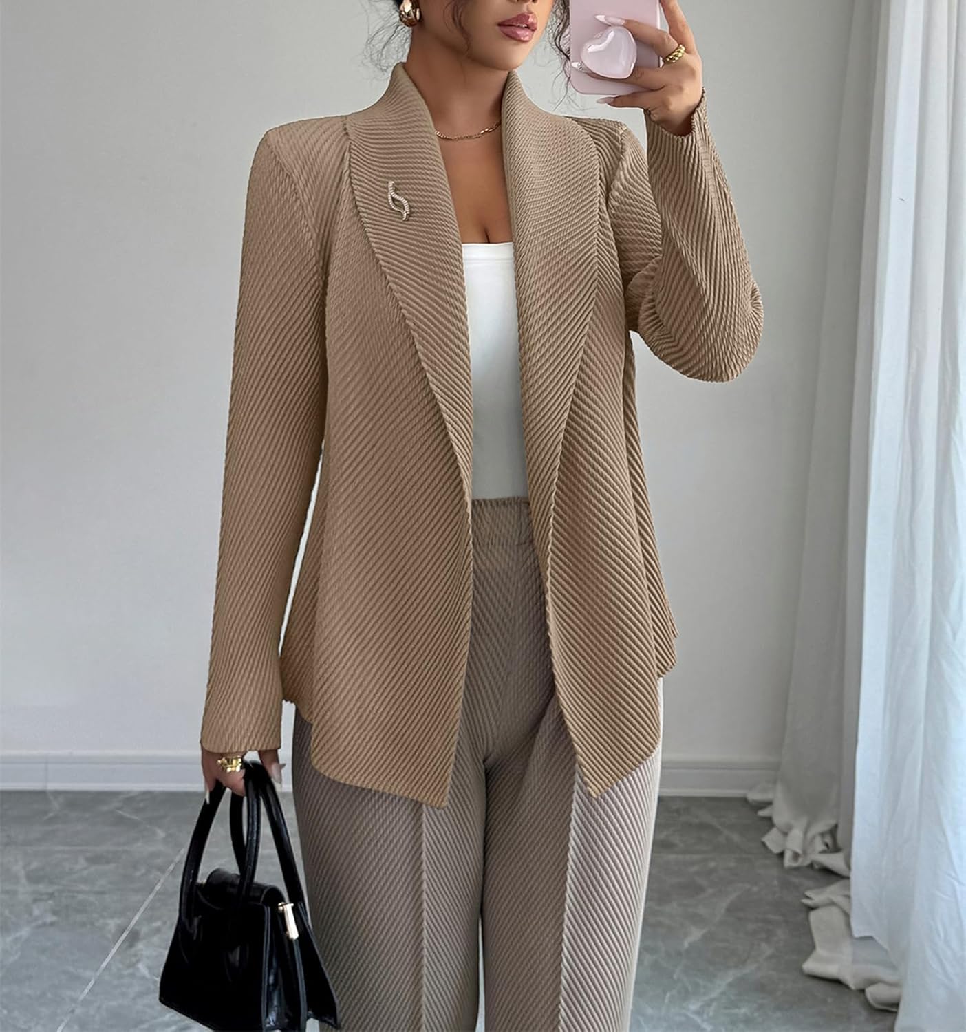 Womens Loose Fall Outwear Ribbed Blazer Jacket Blazers Notched Lapel Jacket - Image 5