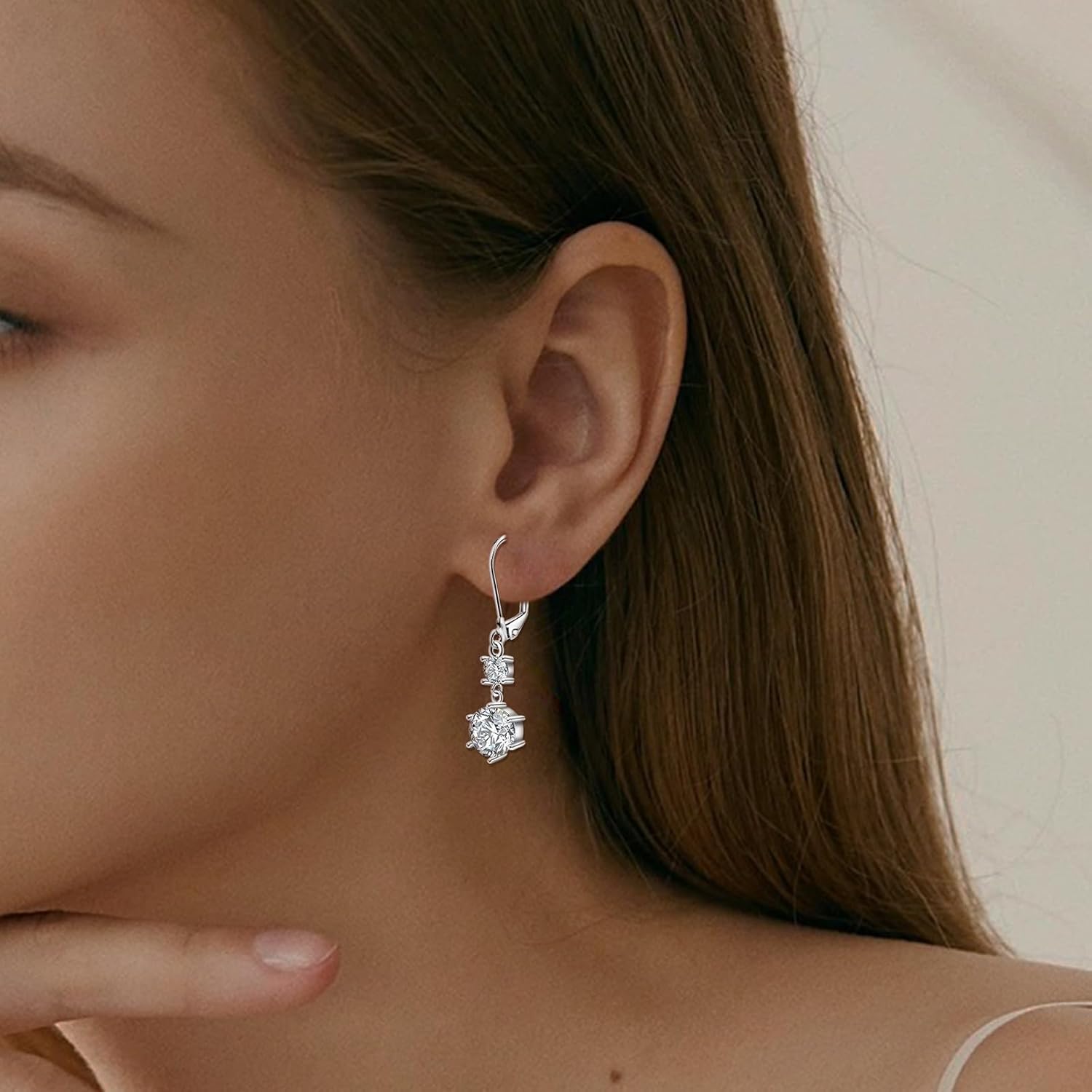 Sterling Silver Leverback Earrings for Women - Round Cubic Zirconia Dangle Earrings Lightweight Hypoallergenic Nickel Free Sparkle Halo CZ Dangling Earring for Sensitive Ears Classic Jewelry Gifts - Image 4