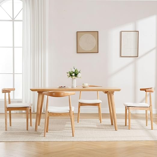 Wood Dining Chairs Set of 4, Linen Fabric Dining Chairs with Open Curved Back, Mid Century Modern Dining Room Chairs Farmhouse Kitchen Chairs for Dining Room Restaurant -Natural Wood Finish, Beige