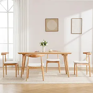 Wood Dining Chairs Set of 4, Linen Fabric Dining Chairs with Open Curved Back, Mid Century Modern Dining Room Chairs Farmhouse Kitchen Chairs for Dining Room Restaurant -Natural Wood Finish, Beige