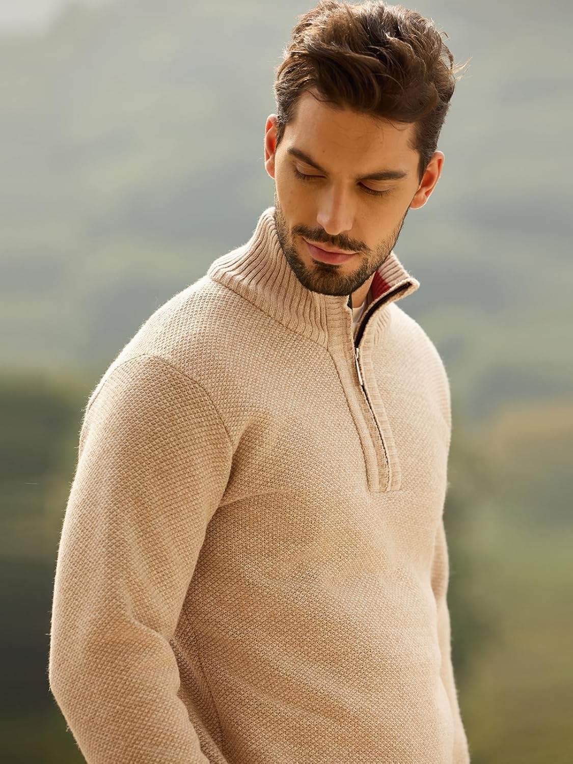 Les umes Mens Half Zip Jumper Plaid Fleece Lined Turtleneck Knit Sweater Long Sleeve Warm Stand Collar Pullover - Image 7