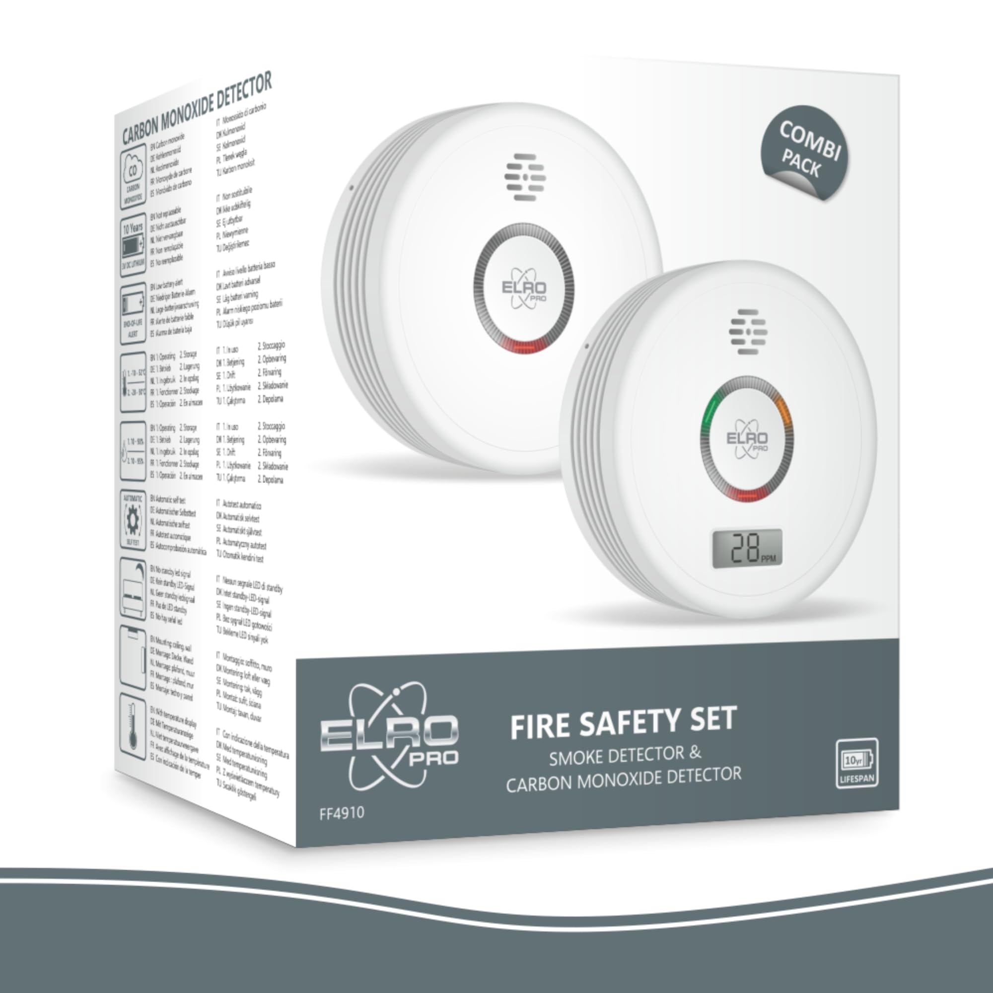 ELRO FF4910 Pro Kit Anti-Incendie - Détecteur de fumée & détecteur de monoxyde de Carbone avec Pile de 10 Ans - Conforme à la Norme européenne EN14604 et EN50291 2 pcs