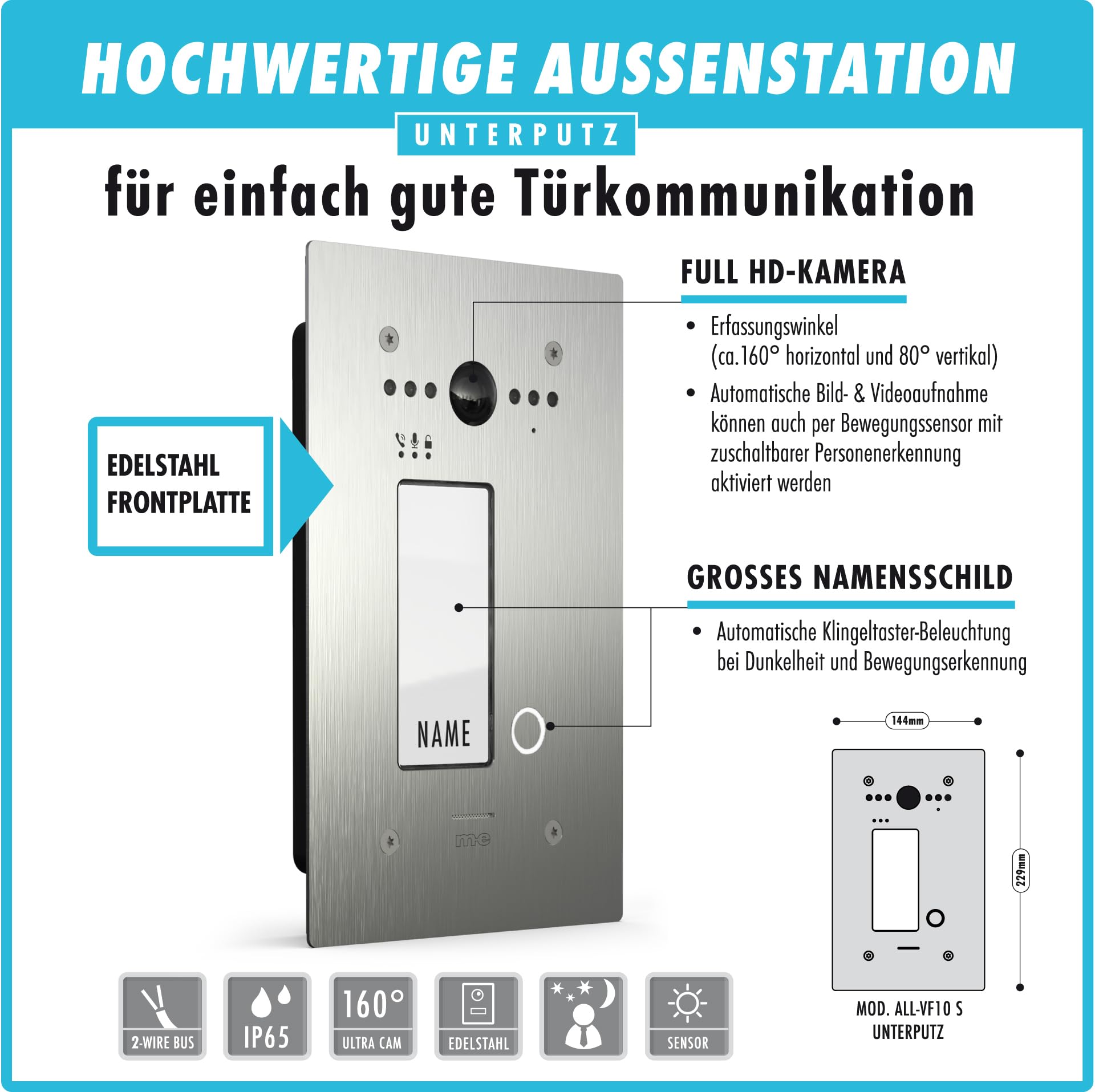 m-e ALLVISO Türklingel mit Kamera und Monitor 10" 2-Draht Bus | Video Türklingel Edelstahl IP65 | Klingel Haustür mit App und QR-Code Türöffner | Türsprechanlage mit Türöffner für 1-Familienhaus