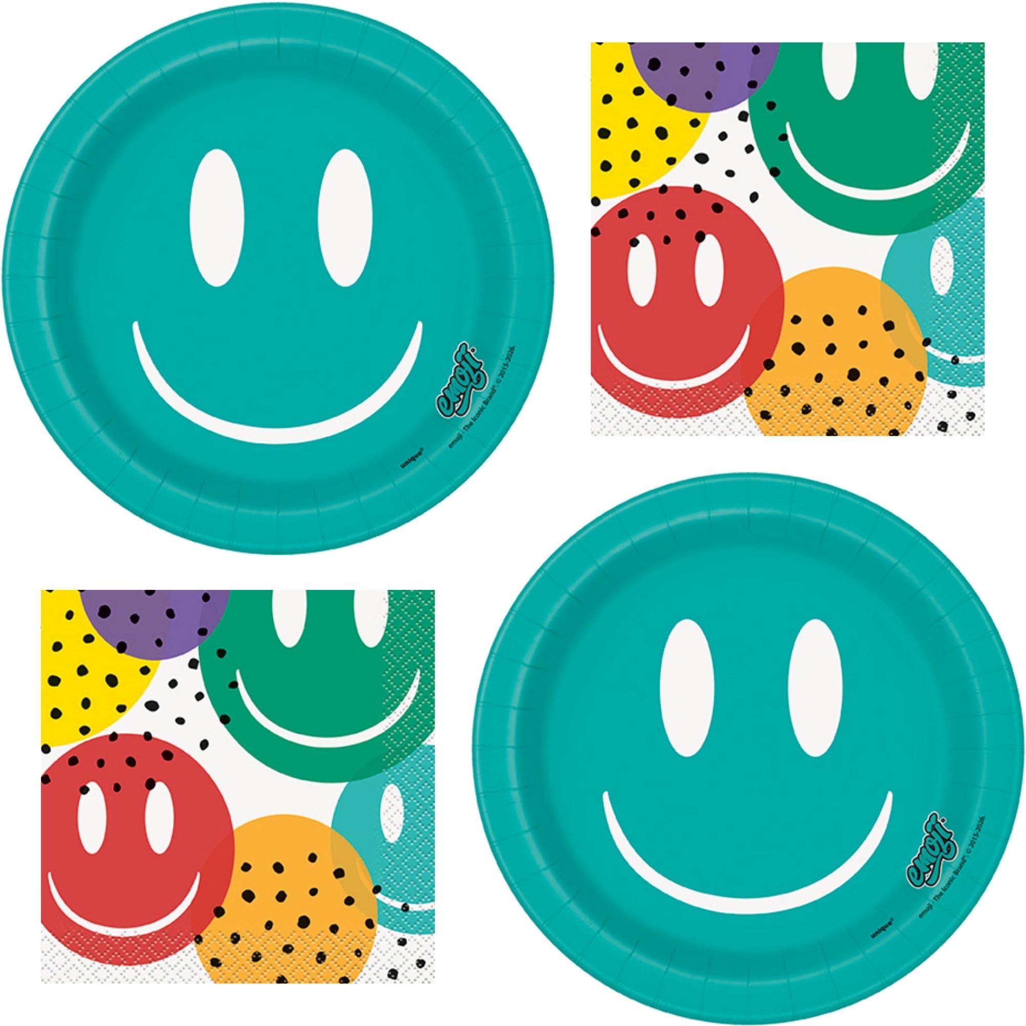 Emoji Party Surtido de platos de postre y servilletas de bebidas de papel de cara sonriente (sirve 16)