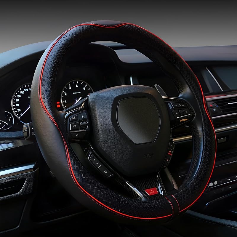 Capa para Volante Automotivo LABBYWAY Preta com Linha Vermelha, Couro Sintético com Microfibra, para Volantes de 37 a 39 cm