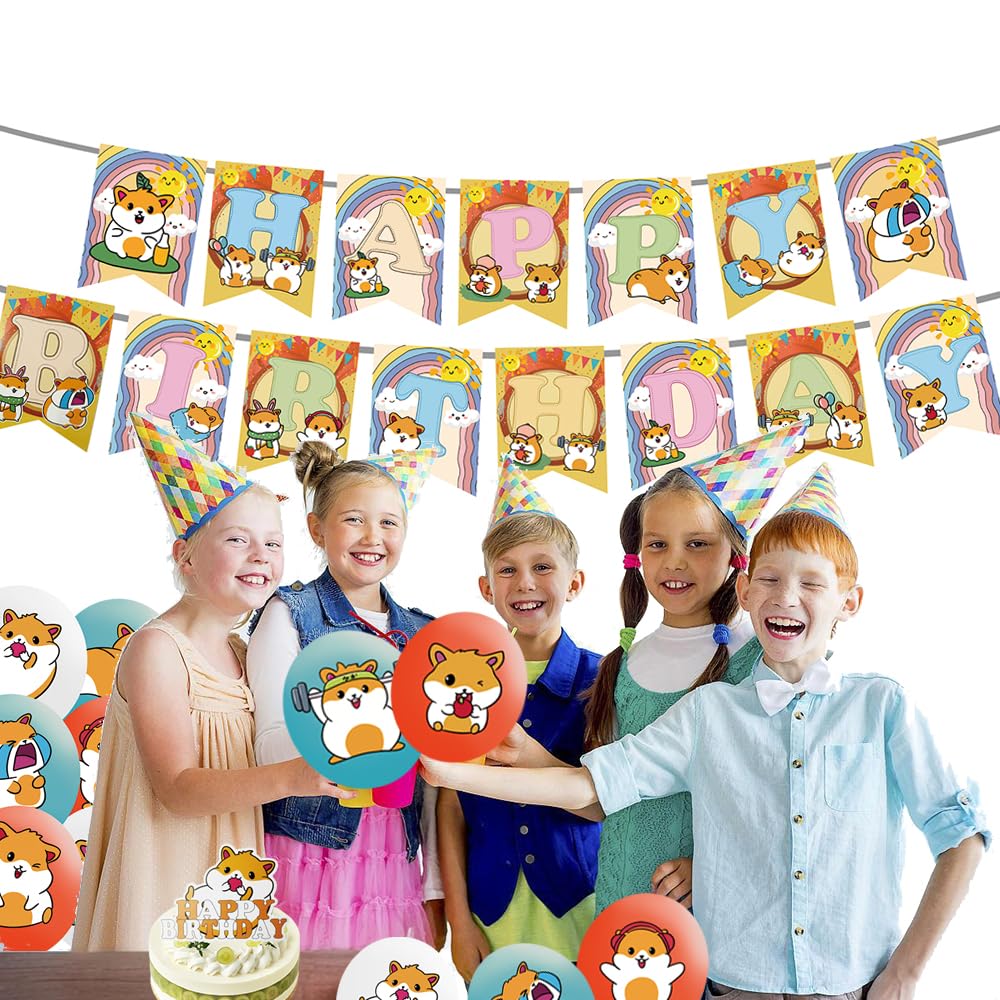 Obussgar Decorazioni per feste di compleanno per criceto – Accessori per feste di criceto tra cui sfondo, piatto, topper per torte, tazza, tovagliolo, palloncino, tovaglia – servita 20