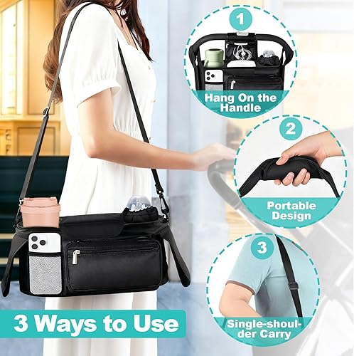 Miniatura 4 de Organizador de cochecito de bebé, organizador universal para cochecito con portavasos aislado, bolsa de teléfono desmontable y correa de hombro, se
