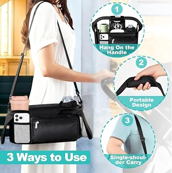 Universal Stroller Organizer with Insulated Cup Holder Detachable Phone Bag & Shoulder Strap, Bag Caddy Fits for Stroller like Uppababy, Baby Jogger, Britax, BOB, Umbrella & Pet Stroller