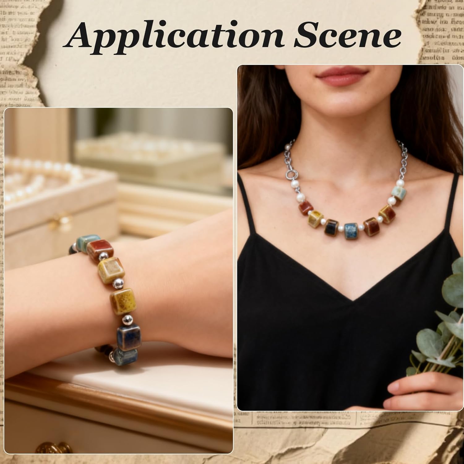 Decoendiy 100Pcs Ceramic Cube Beads, Geometric Square Beads, Handmade Porcelain Painted Beads, Loose Shaped Spacer Beads, for Jewelry Making DIY Bracelets Crafts Supplies - Image 5