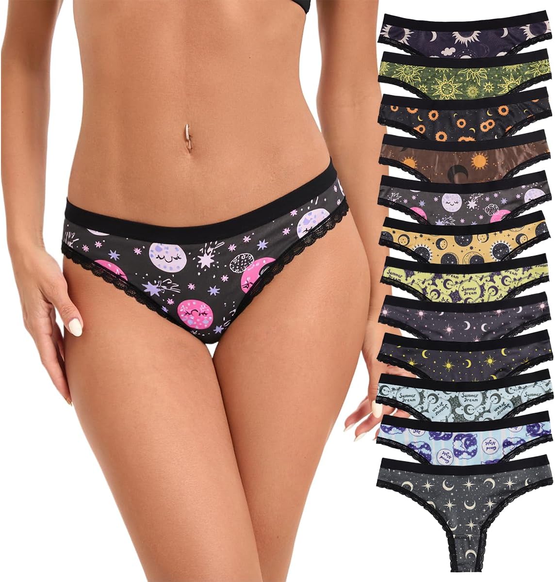 SYVIN Women's 12-Pack Allover Spooky Print Thong Underwear, Contrast Lace Trims Sexy Stylish Multiple Styles Assorted - Image 2