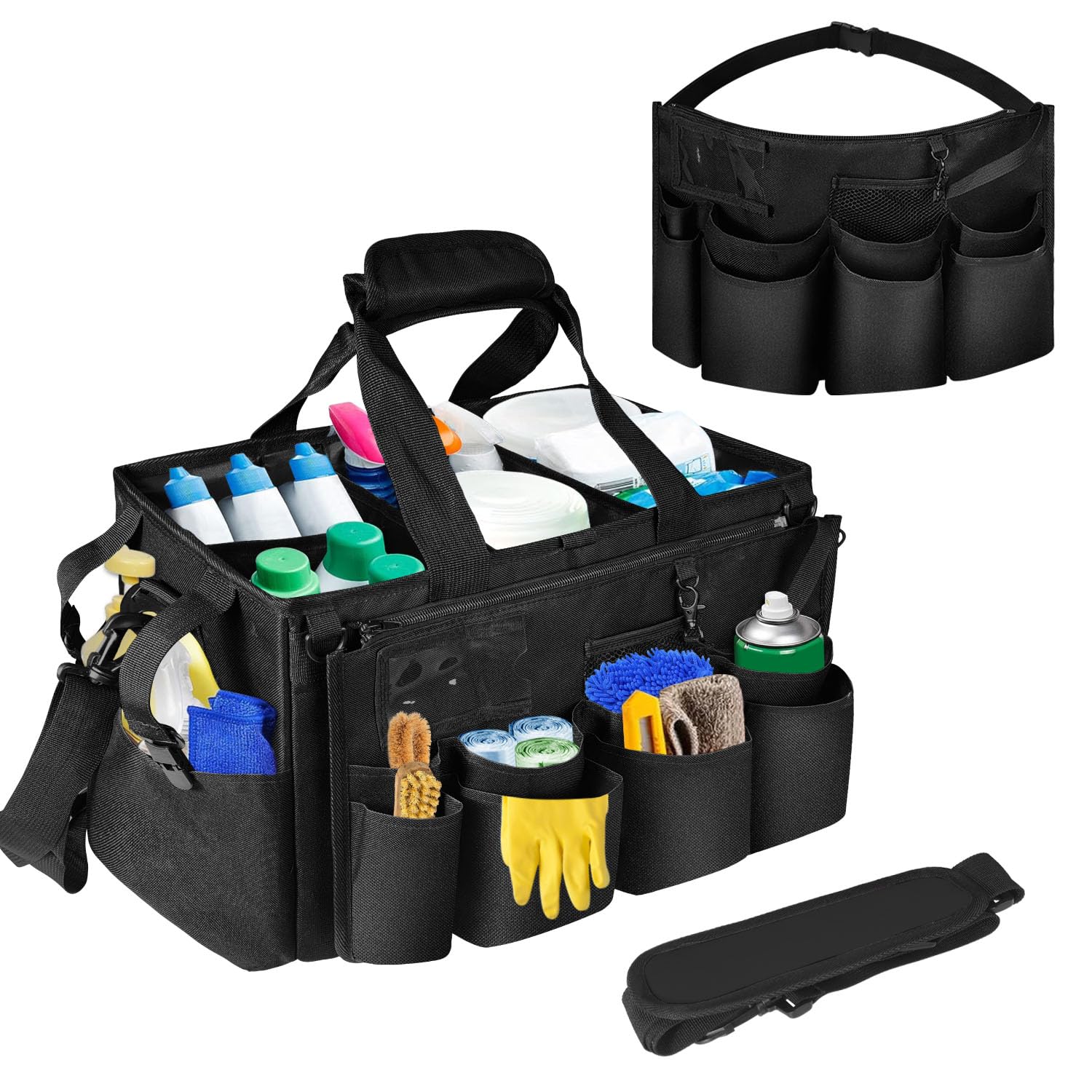 Boczif Sac de Nettoyage Portable, Organiseur de Fournitures de Nettoyage avec poignée, Bretelles et séparation Amovible, Organiseur d'outils de Nettoyage pour nettoyeurs et Femmes de ménage (Noir)