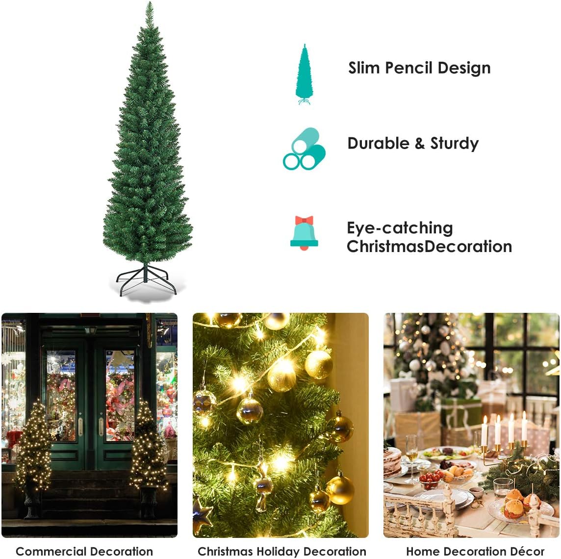 Goplus 6FT Pencil Christmas Tree, Artificial Slim Christmas Tree, 400 Branch Tips, Premium PVC Needles, with Sturdy Metal Stand, Unlit XmasTree for Home Office Shops Hotels